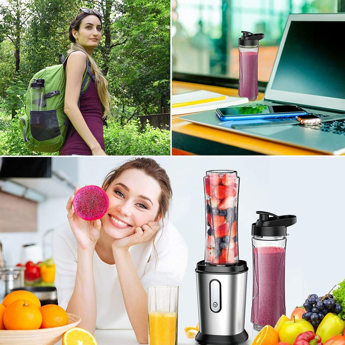 Collage von Szenen mit einem Mixer und Obst. Menschen benutzen den Mixer in verschiedenen Umgebungen.