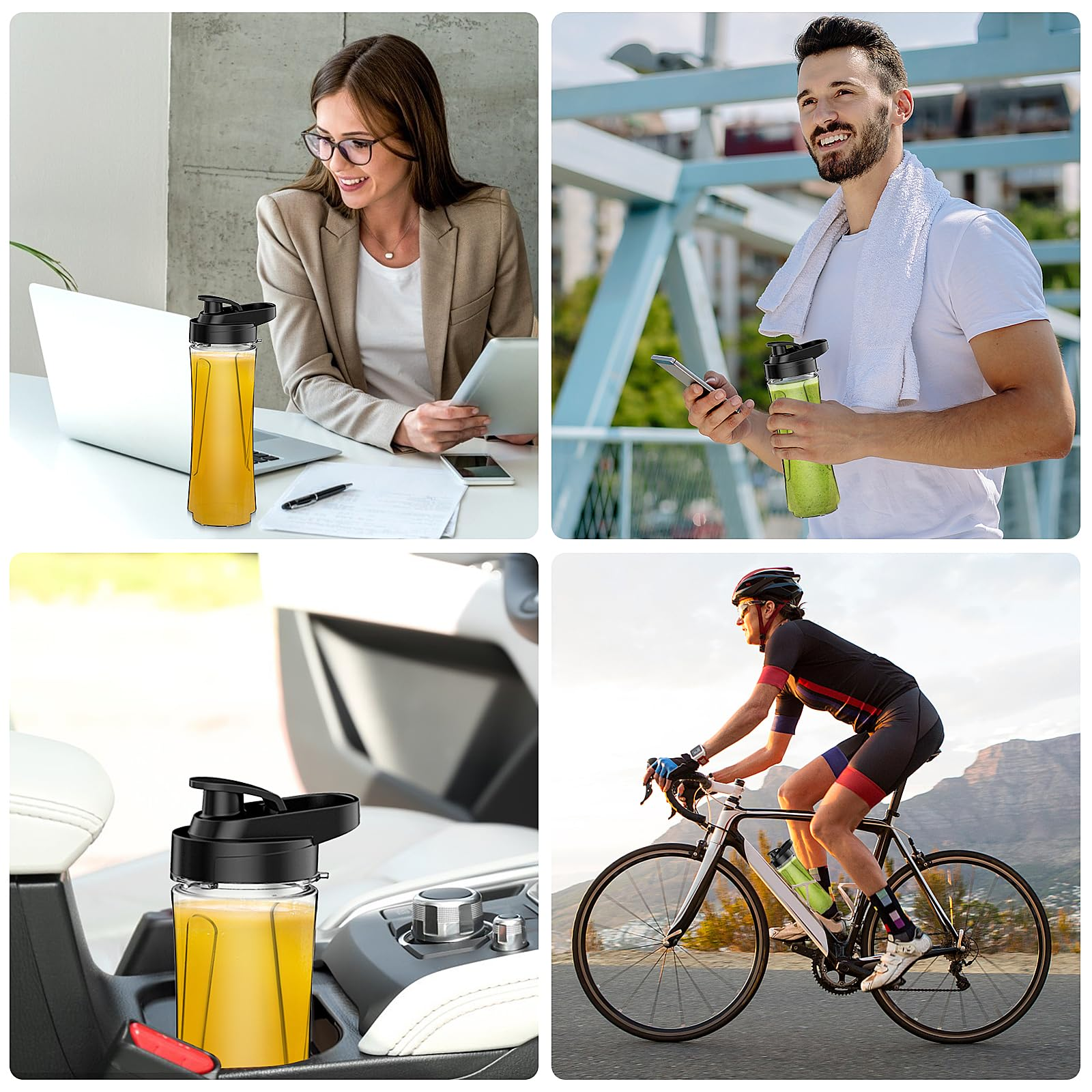 Eine Reihe von Personen, die eine Blenderflasche in verschiedenen Szenarien verwenden: Arbeiten, Reisen und Trainieren.
