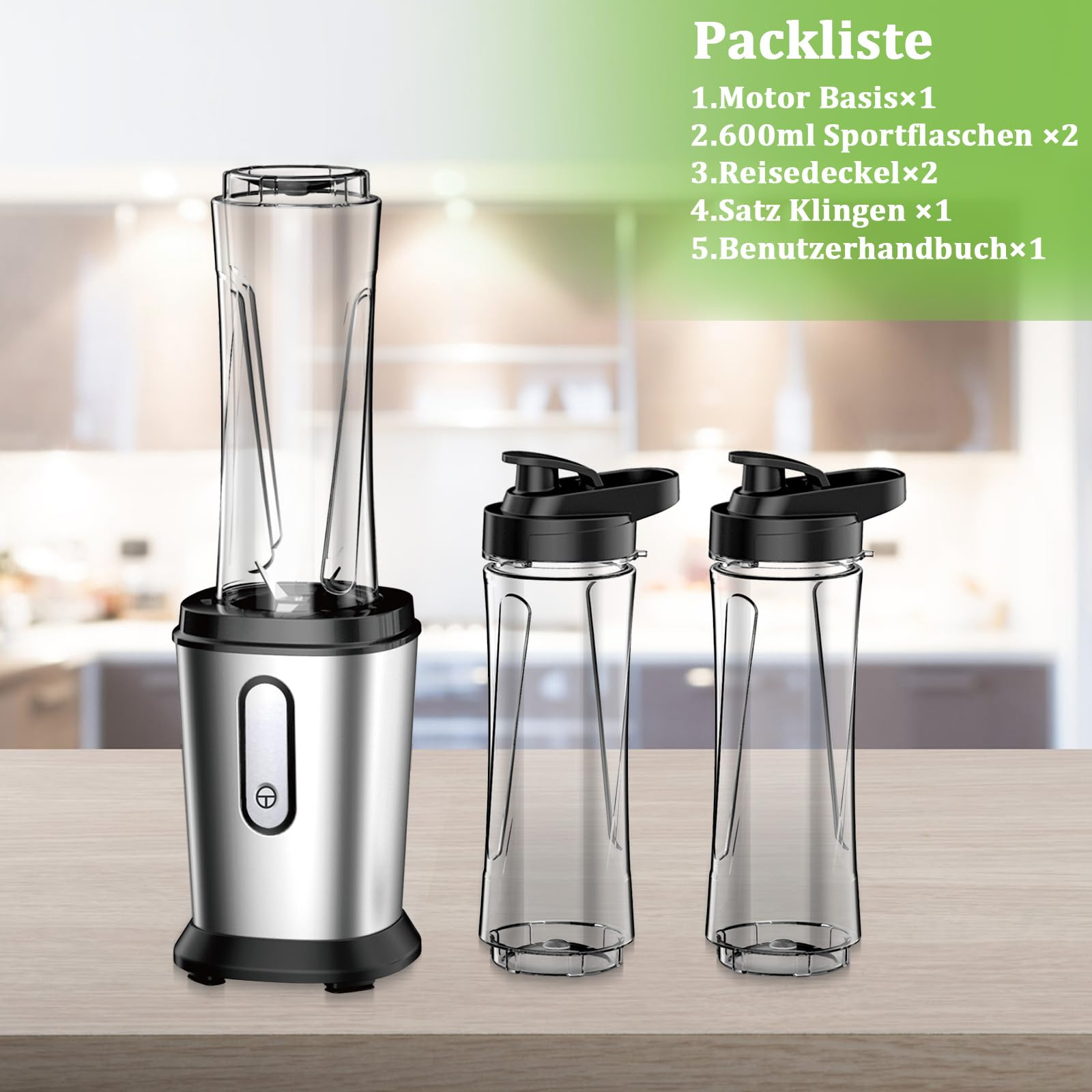 Ein Mixersockel, zwei Flaschen und eine Komponentenliste stehen auf einem Tisch.