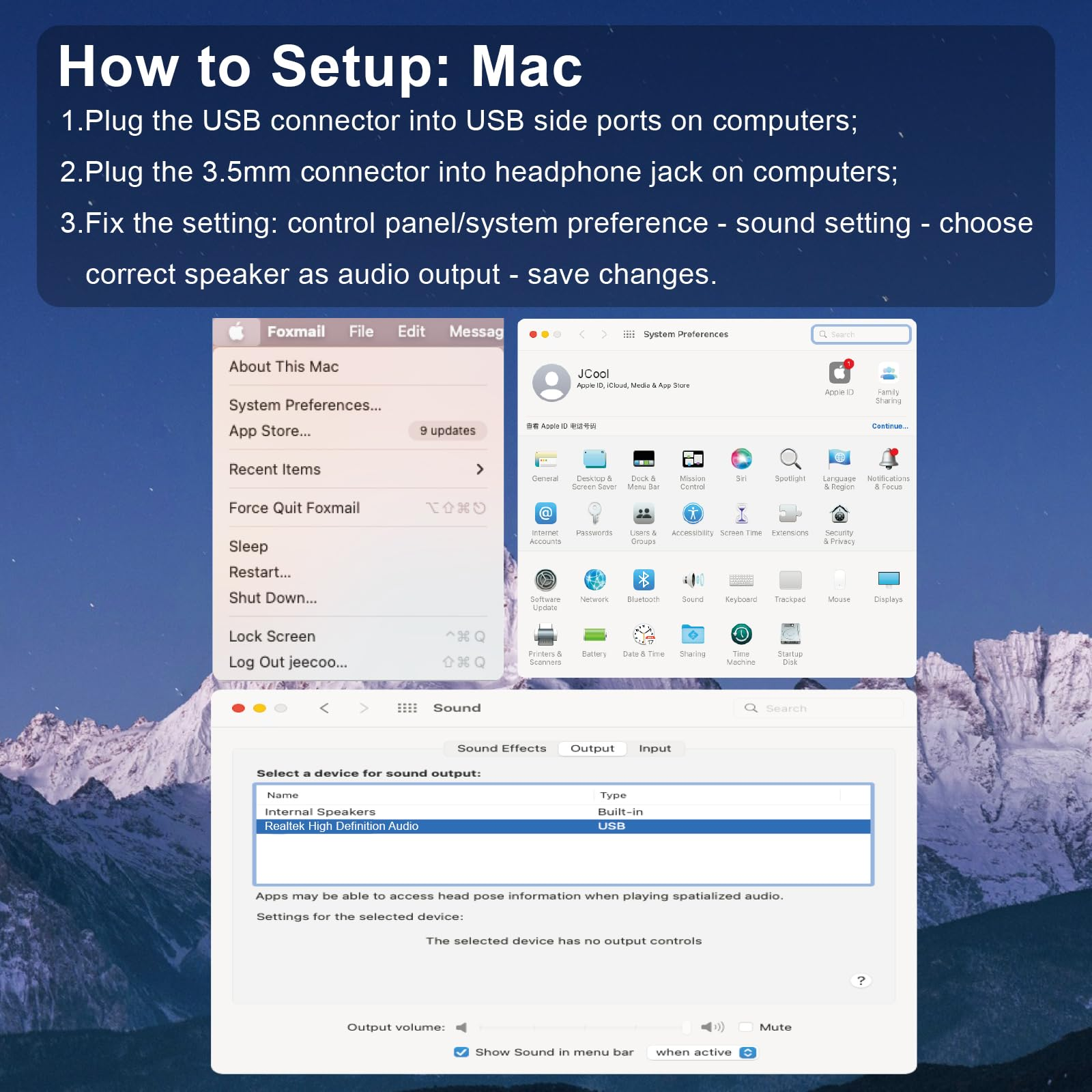 Anweisungen zum Einrichten der Soundbar auf einem Mac. Es zeigt die Systemeinstellungen und Toneinstellungen.