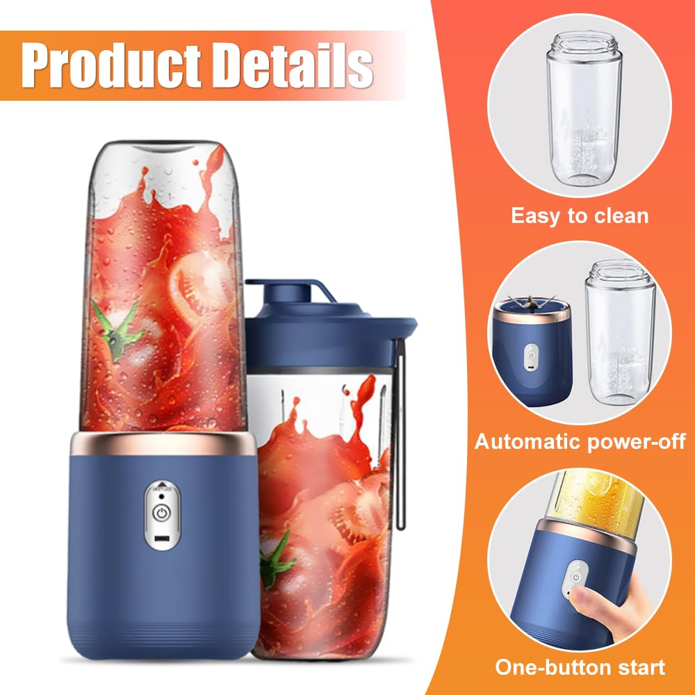 Blauer Mixer mit Tomaten, Details zu Reinigung, automatischem Ausschalten und Ein-Knopf-Start.