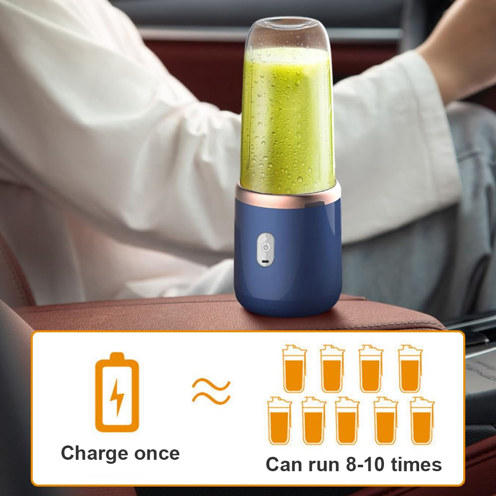 Blauer Mixer mit grünem Smoothie im Auto, zeigt Ladekapazität: 8-10 Anwendungen nach einer Ladung.