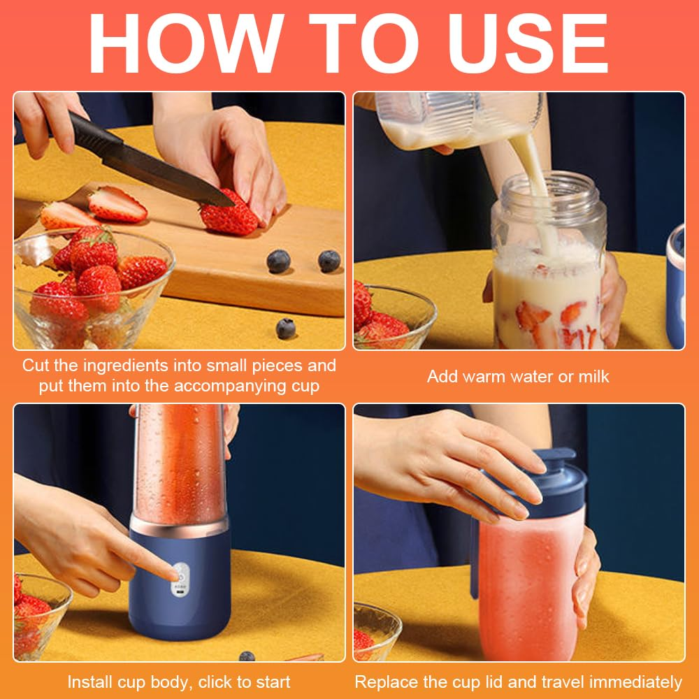 Anweisungen zur Herstellung eines Smoothies: Obst schneiden, Milch hinzufügen, mixen und trinken.