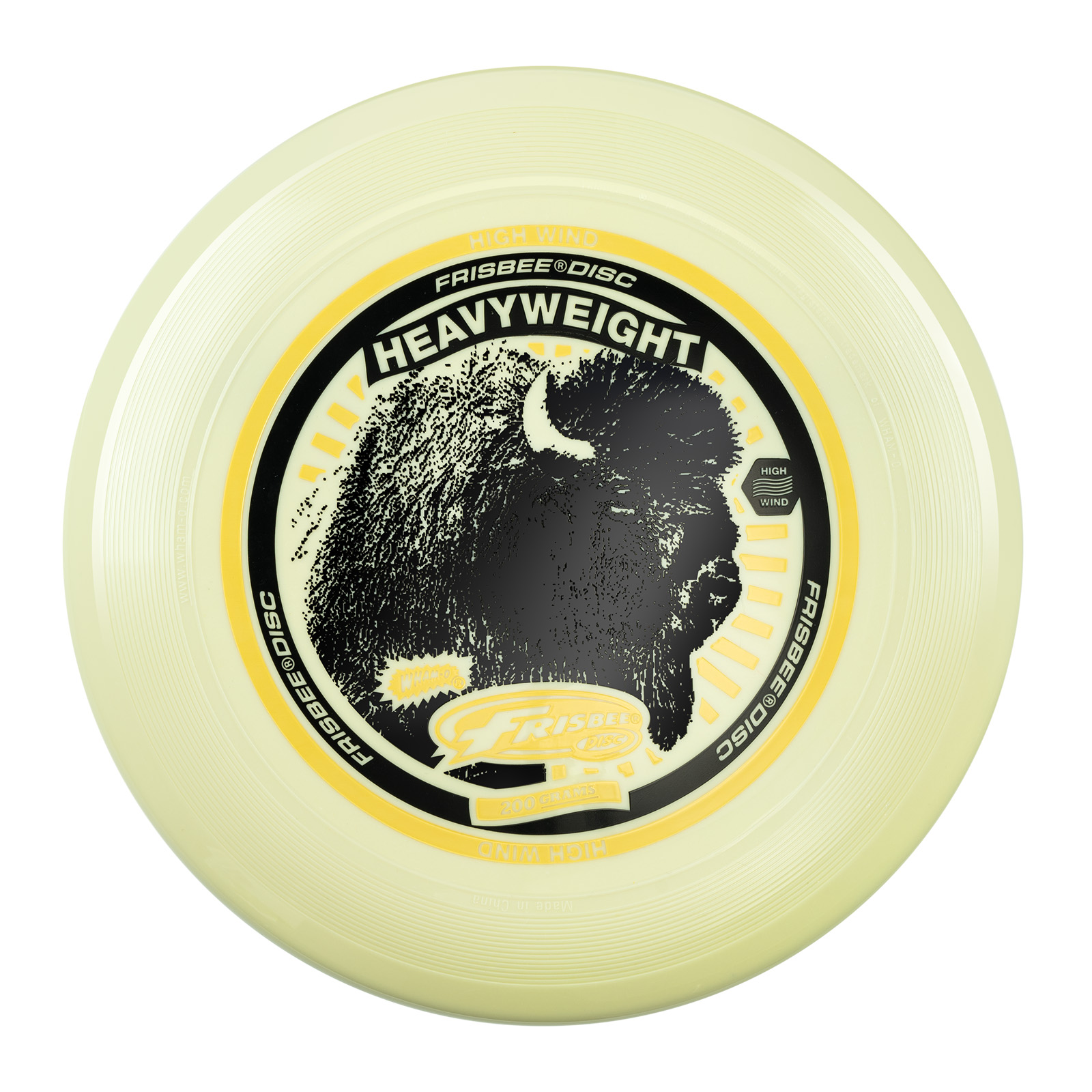 Frisbee color crema con grafica di bisonte nero. Testo: 'Heavyweight' e 'High Wind'.
