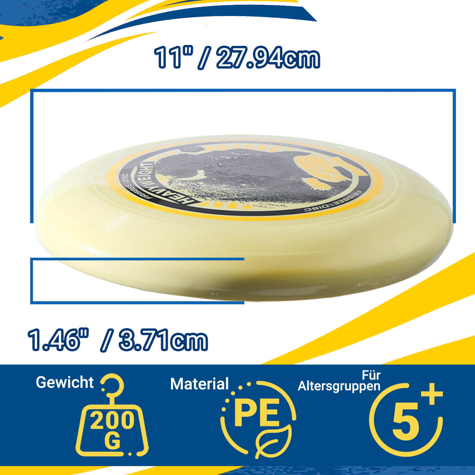 Frisbee giallo con grafica e testo neri. Vengono visualizzate dimensioni e dettagli del materiale.