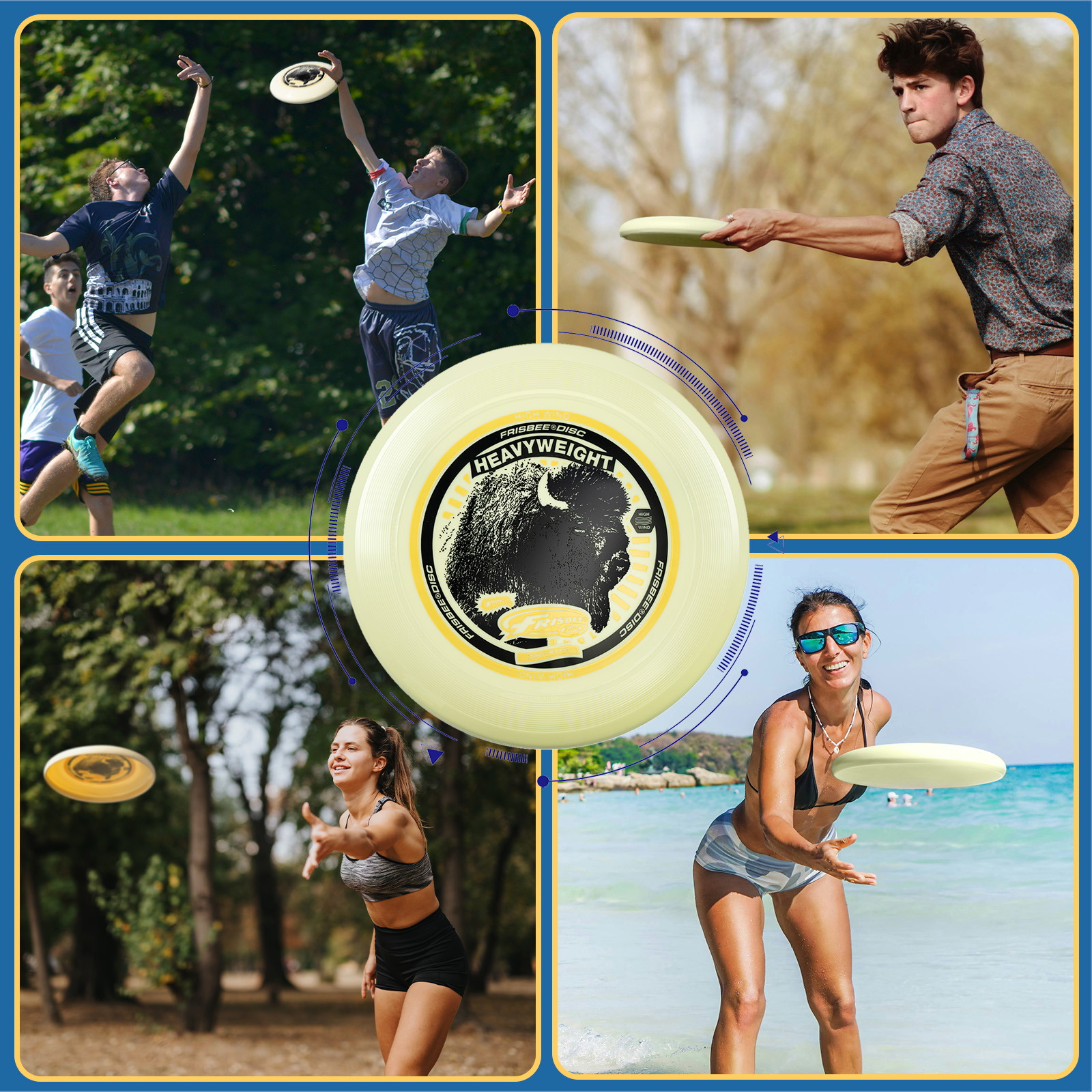 Immagini multiple che mostrano persone che giocano a frisbee. Una grande grafica di frisbee al centro.