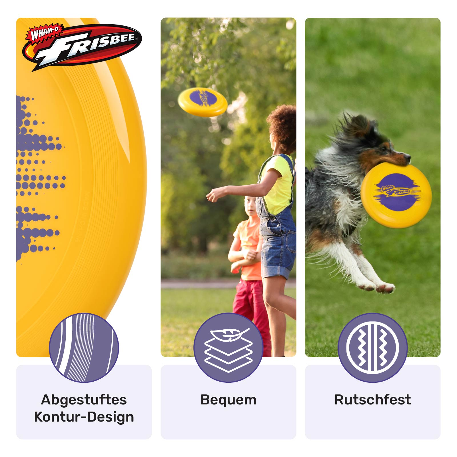 Gelbe Frisbee mit lila Akzenten. Bilder zeigen einen Hund, spielende Kinder und Eigenschaften wie Konturdesign.