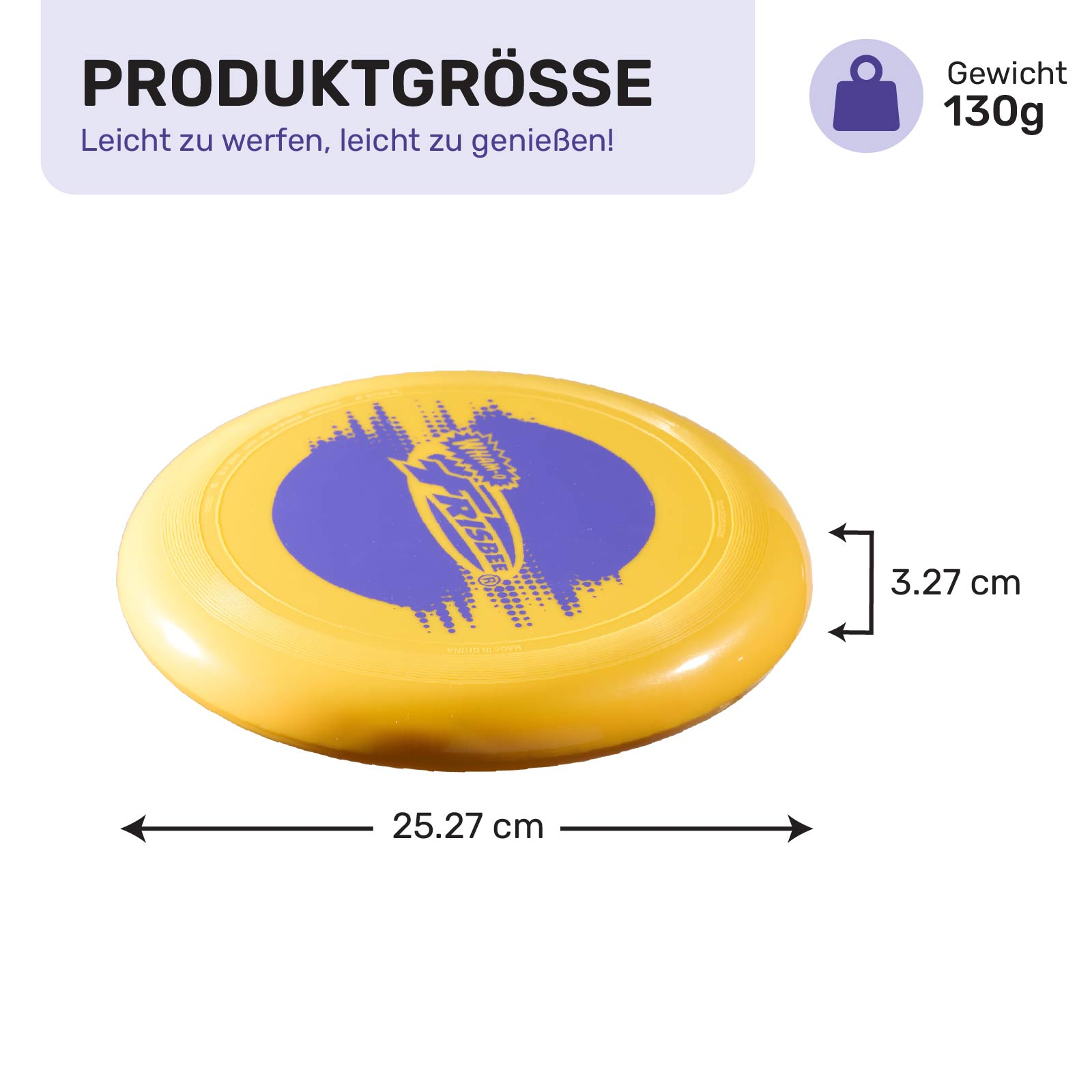 Gelbes Frisbee mit blauem Mitteldesign, Maße werden angezeigt. Text: Produktgröße, leicht zu werfen.