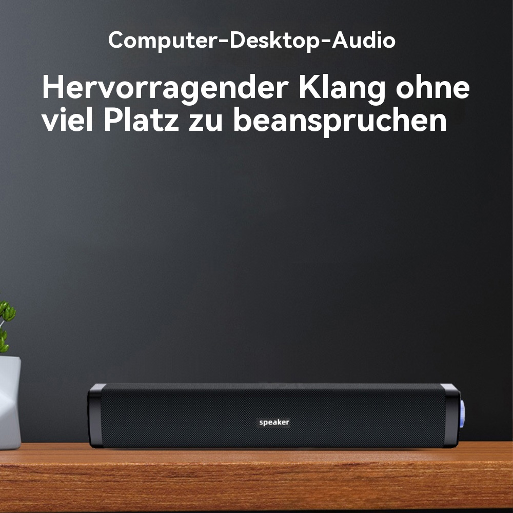 Schwarzer Soundbar-Lautsprecher auf Holztisch. Text: Computer-Desktop-Audio. Ausgezeichneter Klang ohne viel Platz.