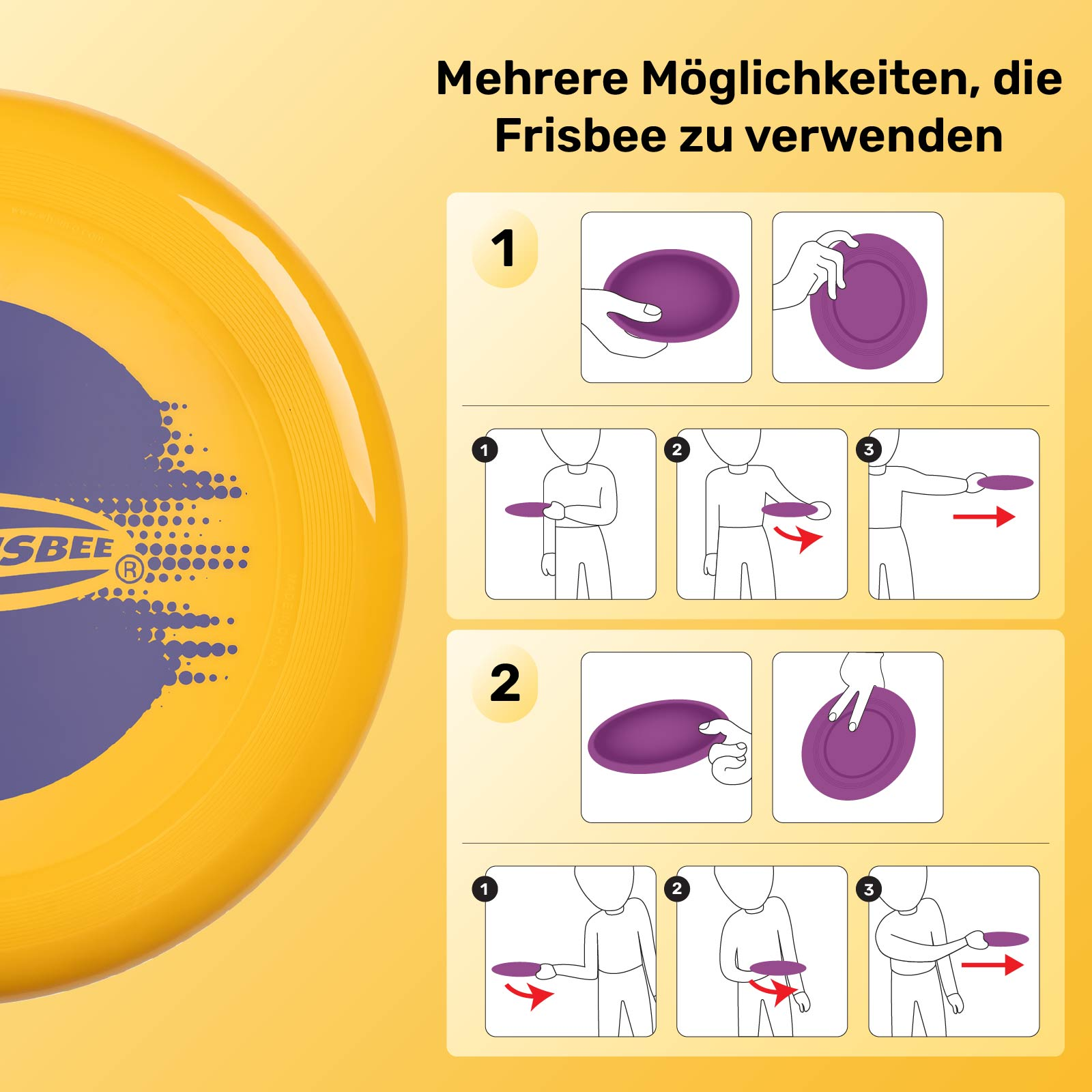 Anweisungen zur Verwendung einer Frisbee. Zeigt verschiedene Wurftechniken.