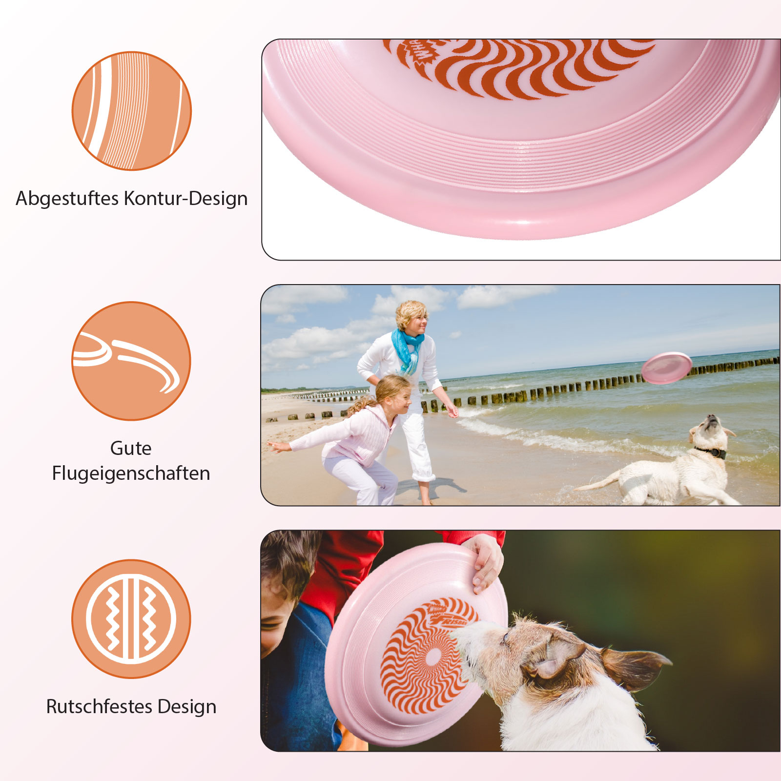 Nahaufnahmen einer rosa Frisbee, die Designdetails und spielende Personen zeigt.