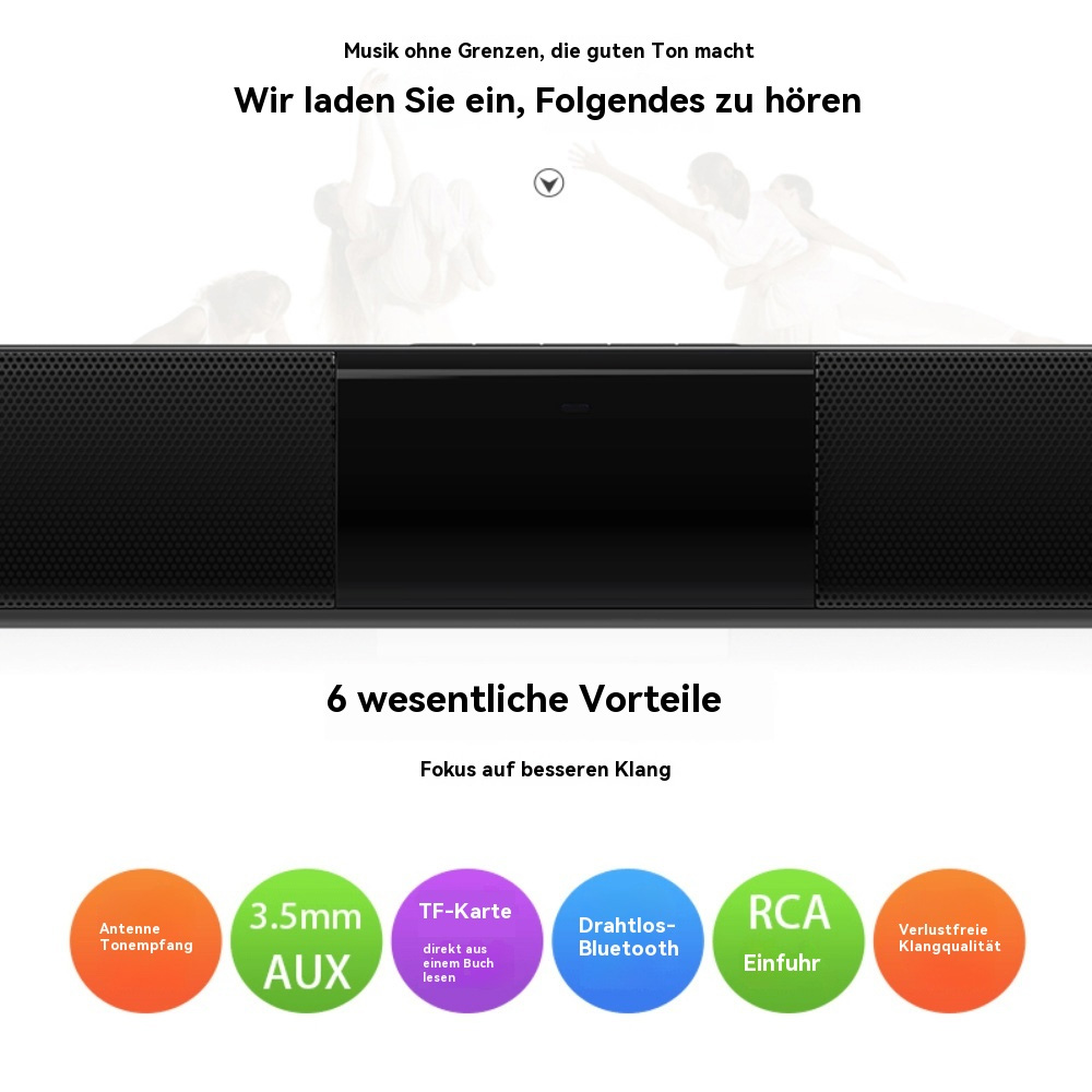 Schwarzer Soundbar-Lautsprecher mit Text, der die Klangqualität beschreibt. Funktionen: Antenne, AUX, TF-Karte, Bluetooth, RCA.