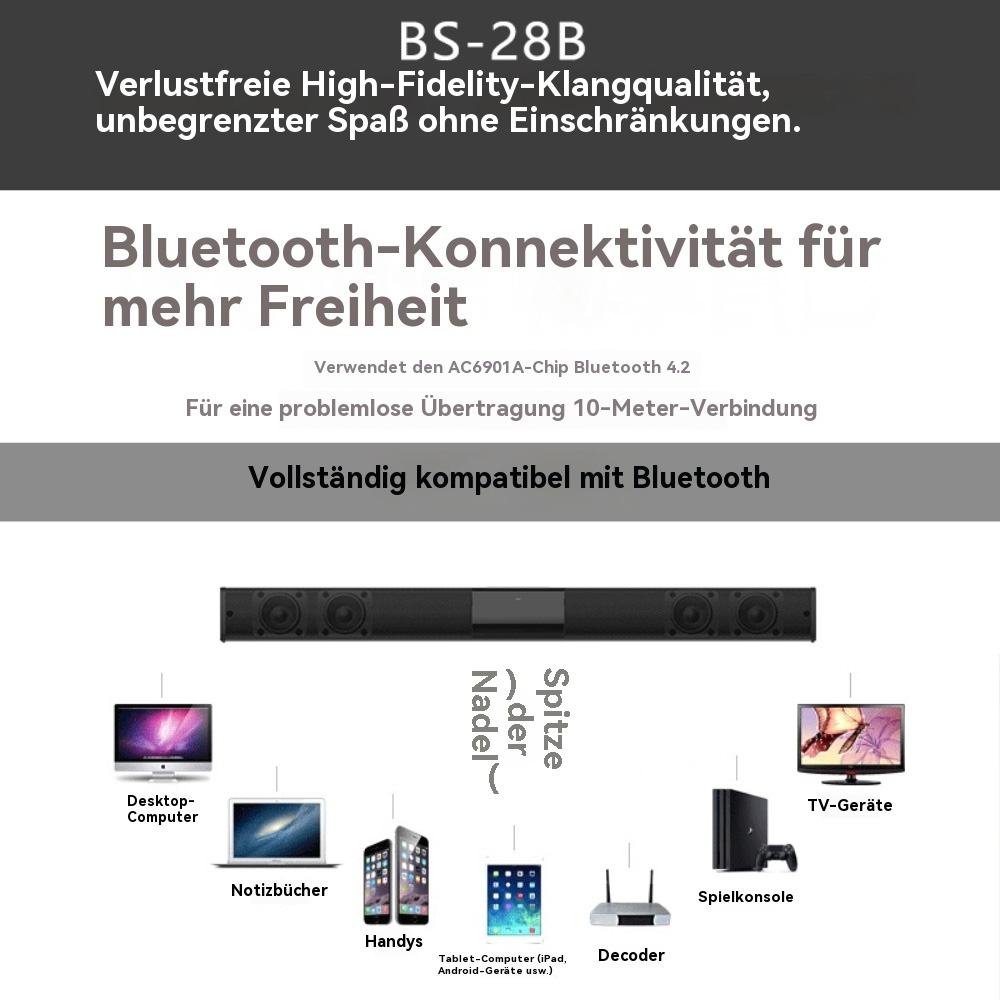 Schwarze Soundbar mit Bluetooth-Konnektivität. Bilder von Geräten, die sich verbinden können: Computer, Telefone, Fernseher.