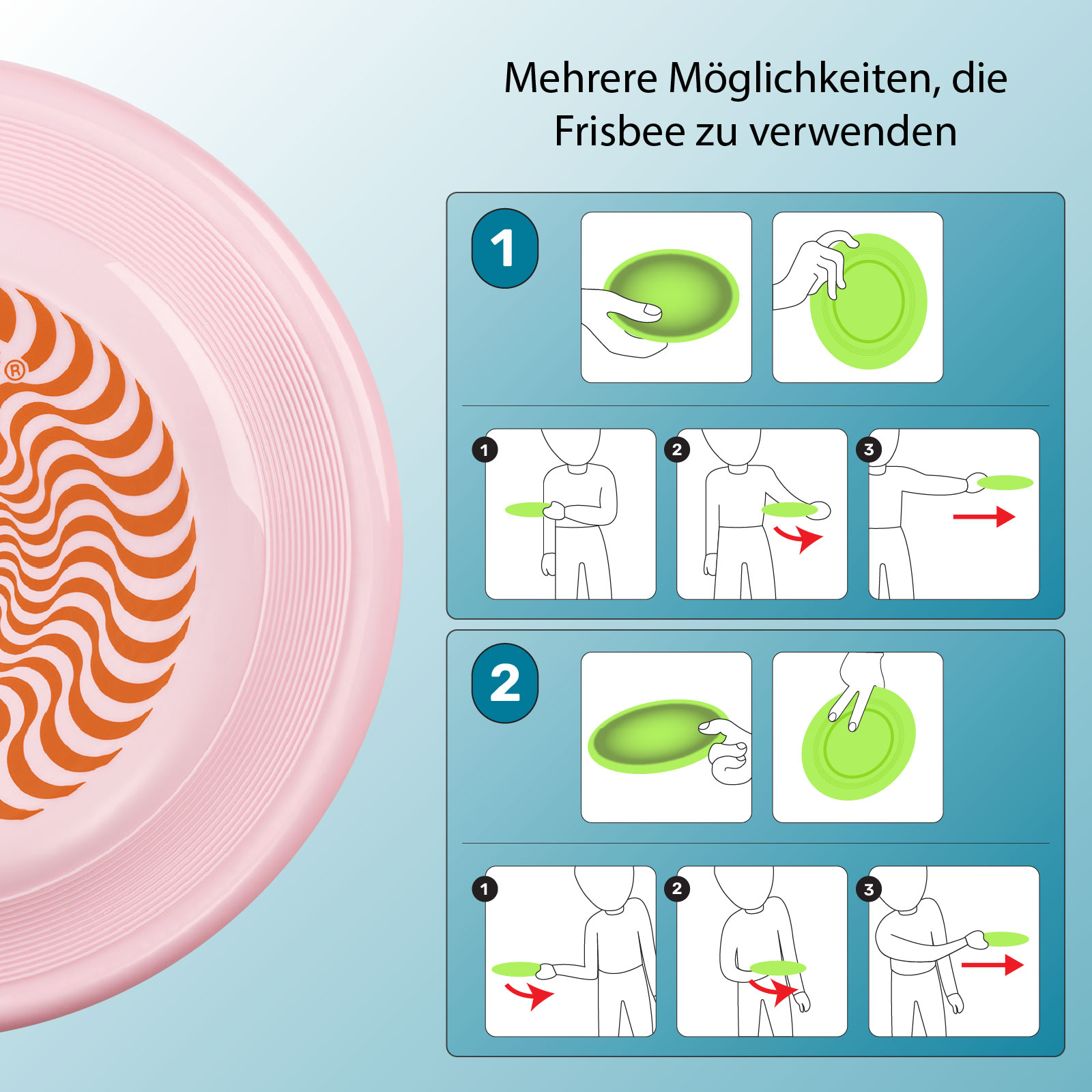 Rosa Frisbee mit orangefarbenem Design. Anweisungen zur Verwendung, Werfen und Fangen zeigend.