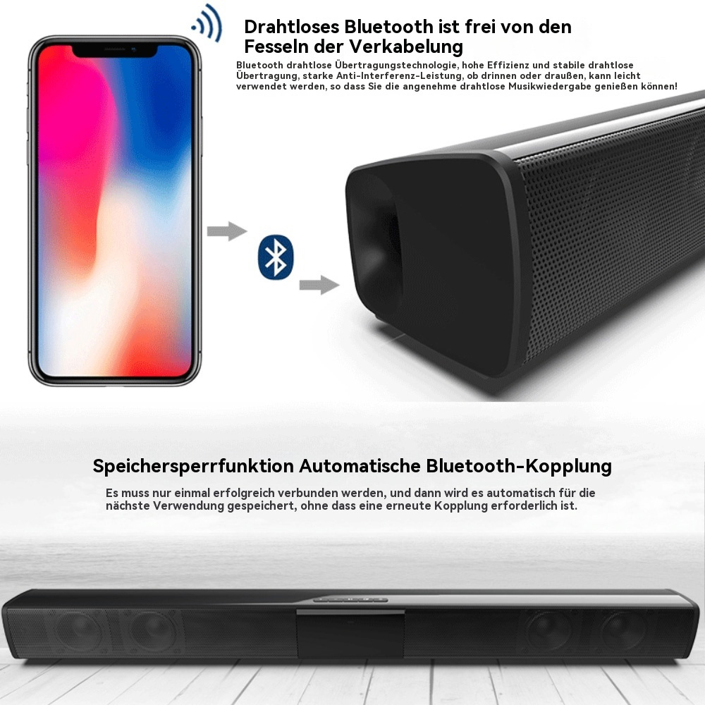 Schwarze Soundbar, Telefon und Bluetooth-Symbol. Text zeigt drahtloses Bluetooth und automatische Kopplung.