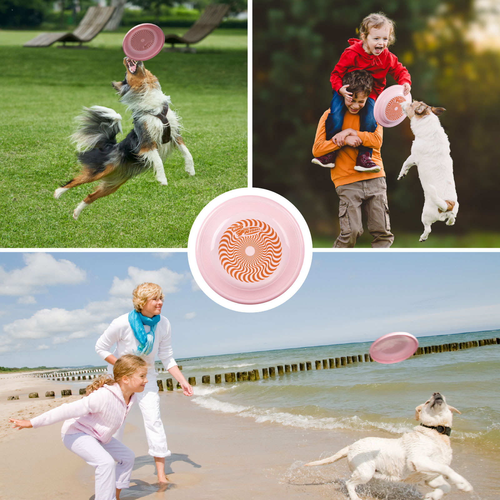 Mehrere Bilder von Menschen, die mit pinkfarbenen Frisbees auf Gras und am Strand spielen.