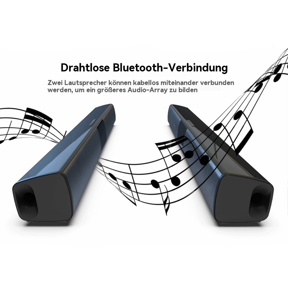 Zwei schwarze Soundbars mit Noten, Text über drahtlose Bluetooth-Verbindung. Der Hintergrund ist weiß.