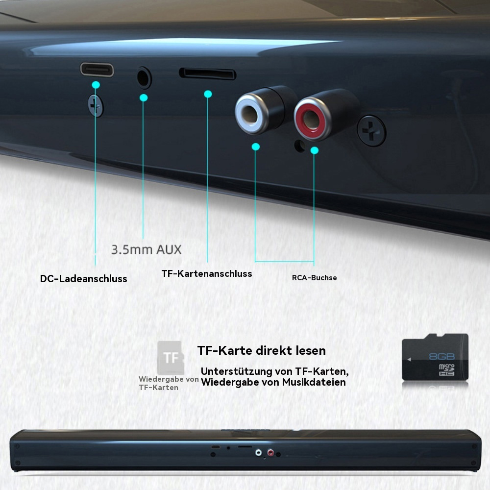 Schwarze Soundbar mit Anschlüssen. Etiketten zeigen 3,5-mm-AUX, TF-Karte und Cinch. Unten: TF-Karte und 8GB-Speicherkarte.