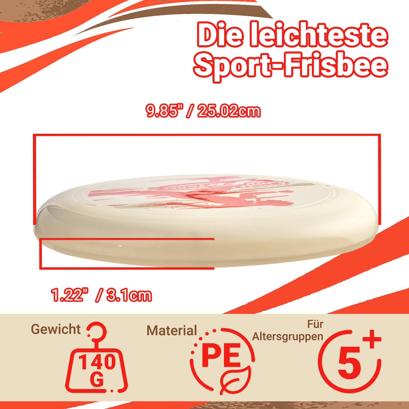 Eine Frisbee mit Abmessungen und Gewicht. Die Frisbee ist rosa und hat Text darauf. Weißer Hintergrund.