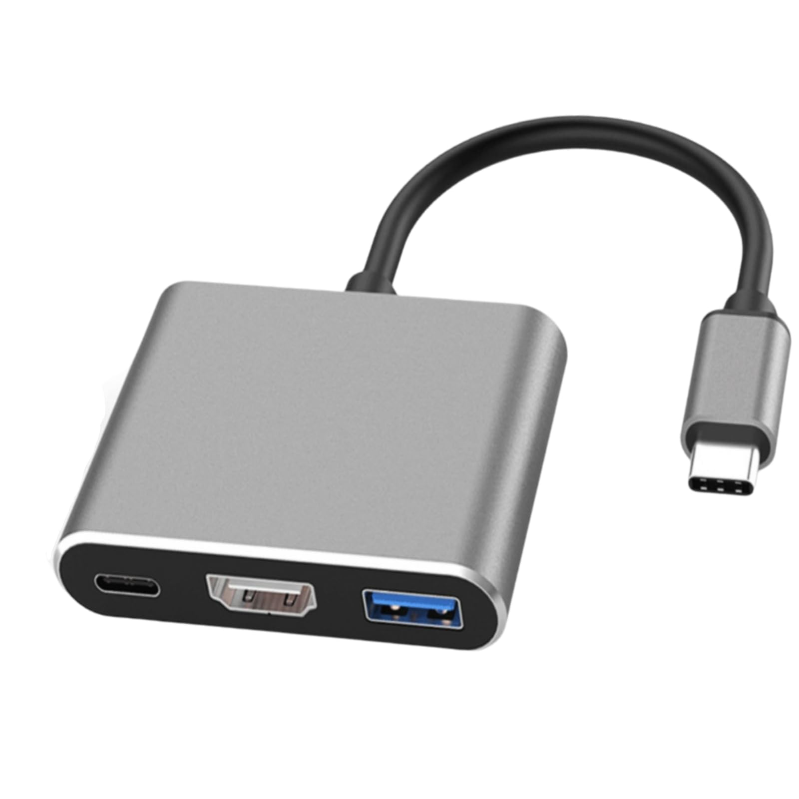 Silberner 3-in-1-Hub mit HDMI-, USB- und USB-C-Anschlüssen. Er ist mit einem Laptop verbunden.
