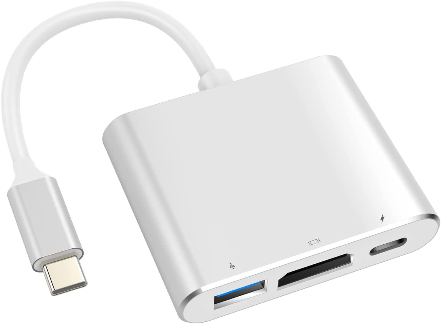 Ein weißer USB-C-Adapter mit verschiedenen Anschlüssen: USB, HDMI und einem Ladeanschluss. Er hat ein weißes Kabel.