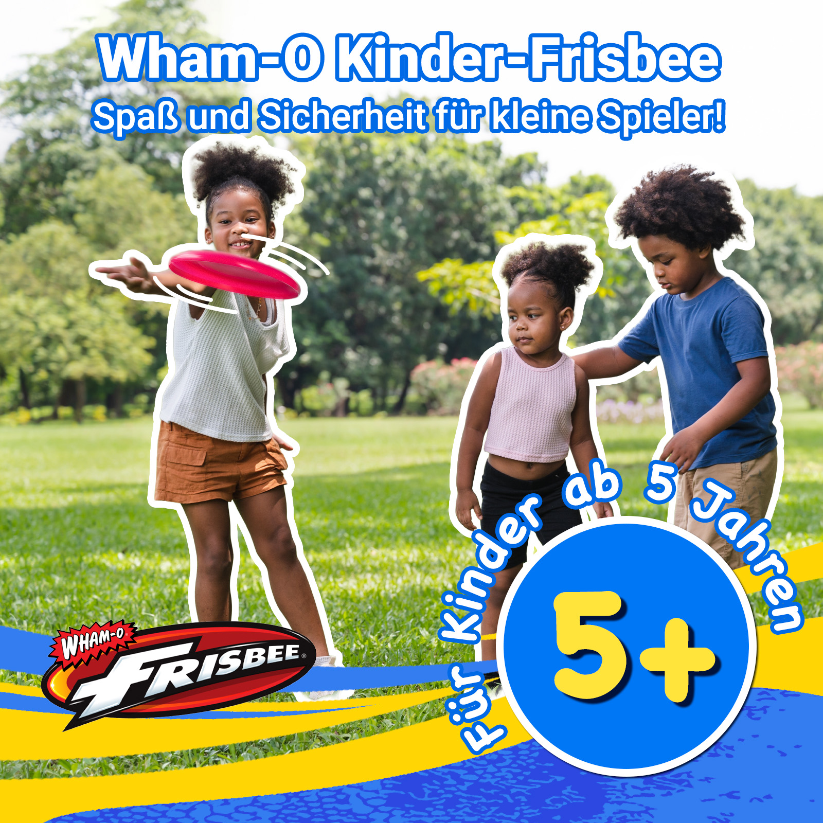 Kinder spielen mit einer roten Frisbee. Text besagt, dass die Frisbee für Kinder ab 5 Jahren geeignet ist.