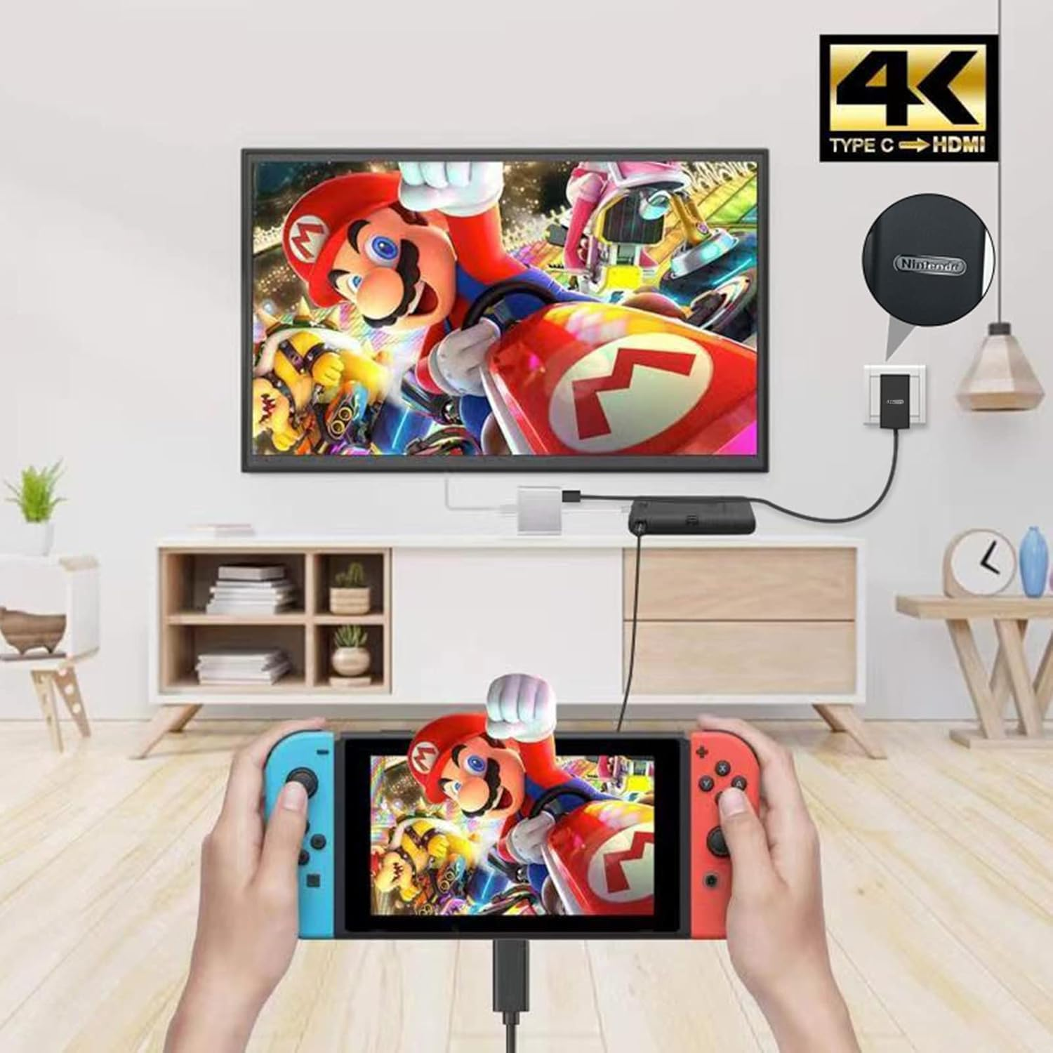 Ein Fernsehbildschirm zeigt ein Videospiel, mit der Nintendo Switch in den Händen des Spielers. Ein Kabel verbindet sie.