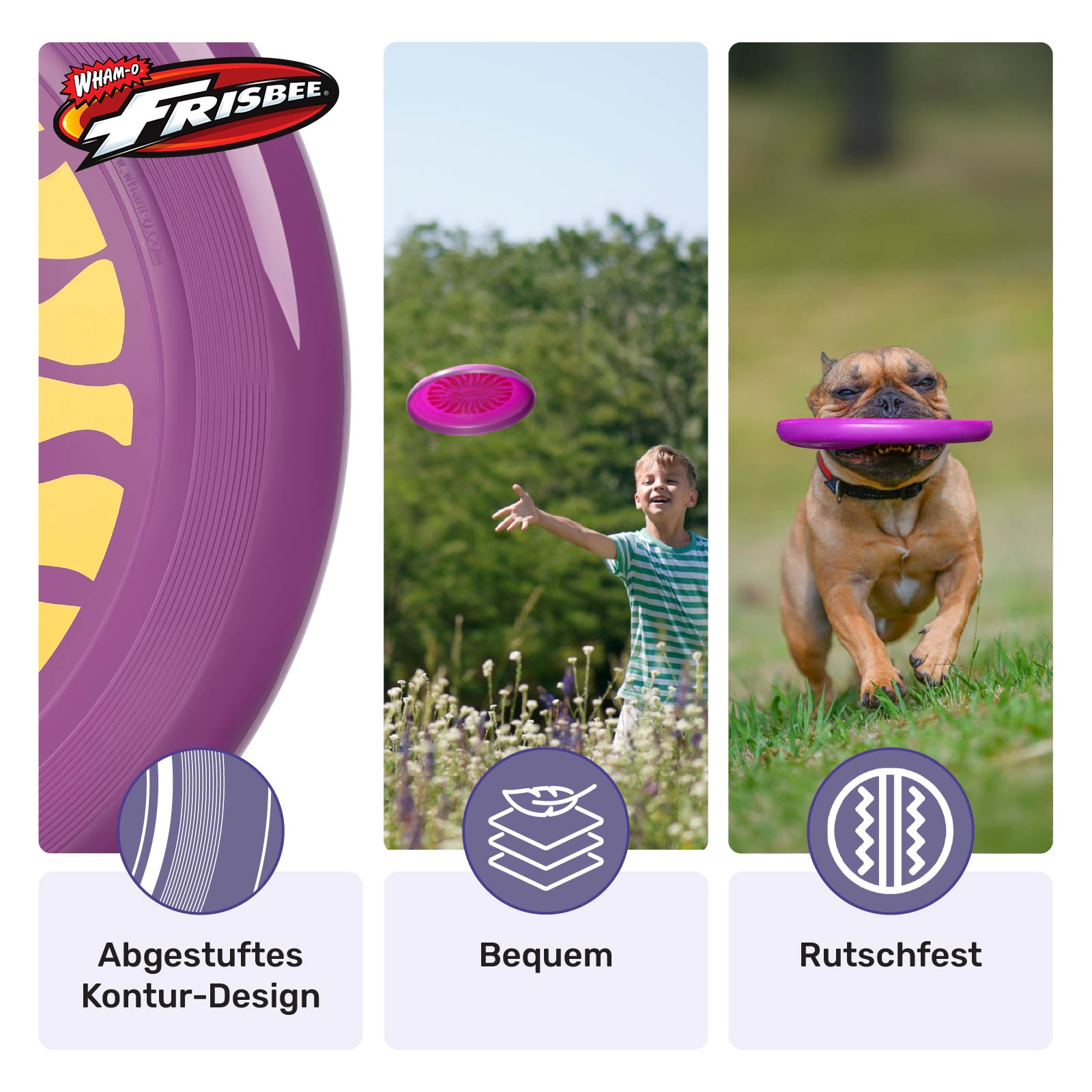 Nahaufnahme eines lila Frisbees und Leute, die mit Frisbees spielen. Text beschreibt Merkmale.