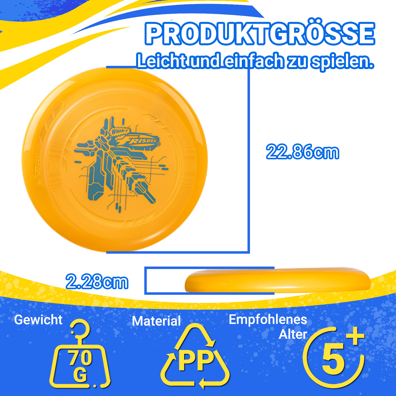 Gelbe Frisbee mit Abmessungen und Gewichtsangaben. Text: Produktgröße, leicht und einfach zu spielen. Gewicht: 70g, Alter: +5.