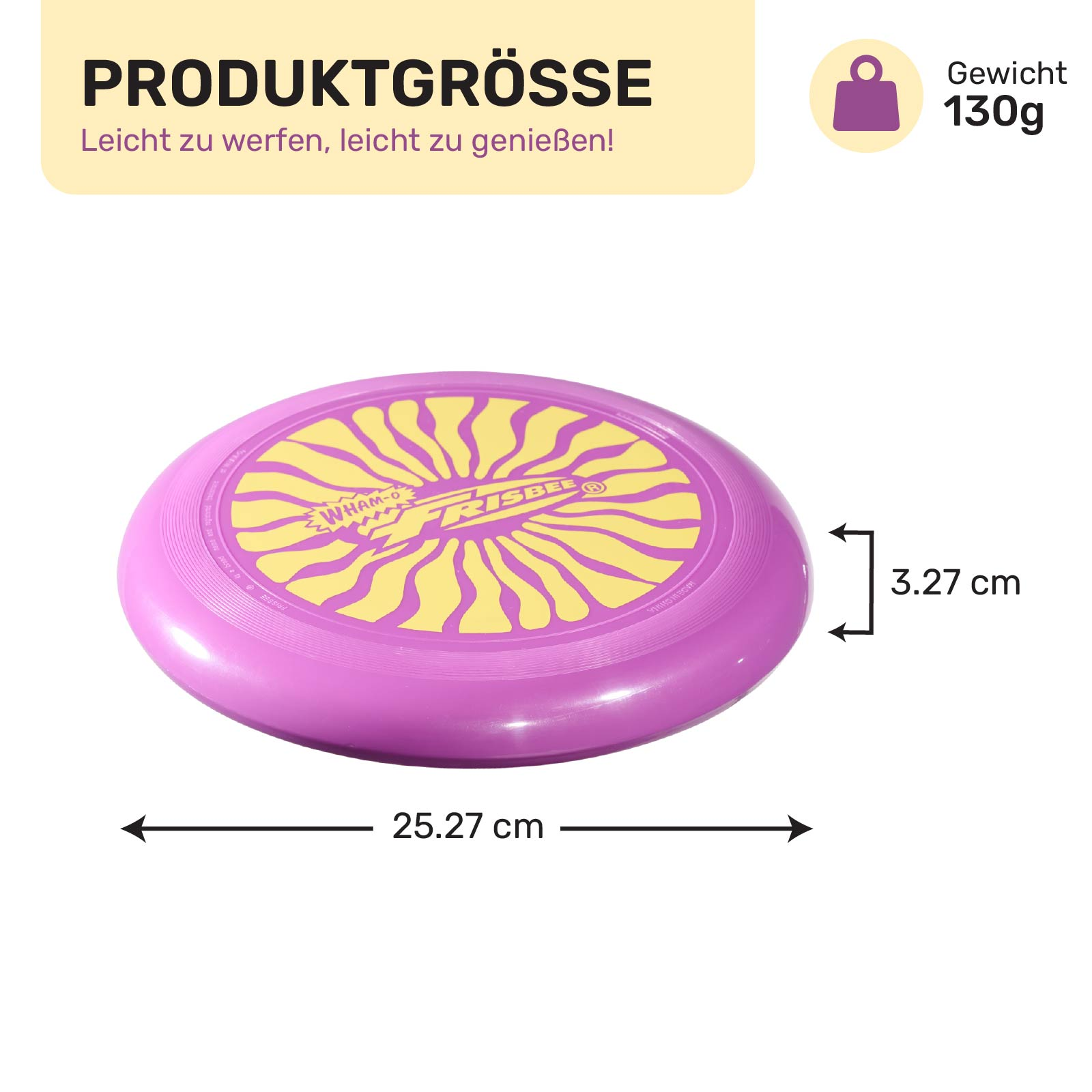 Eine rosa Frisbee mit gelbem Text. Text ist auf der Frisbee. Abmessungen und Gewicht werden angezeigt. Weißer Hintergrund.