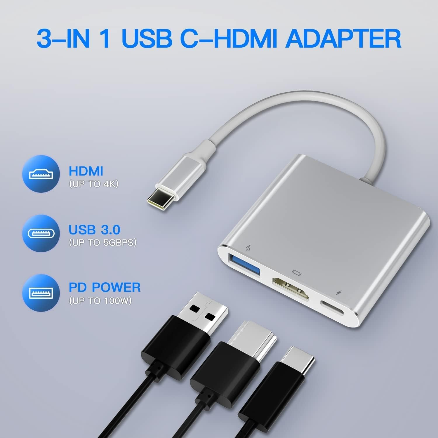 3-in-1 USB C-HDMI-Adapter mit drei Anschlusskabeln. Der Adapter ist silbern.