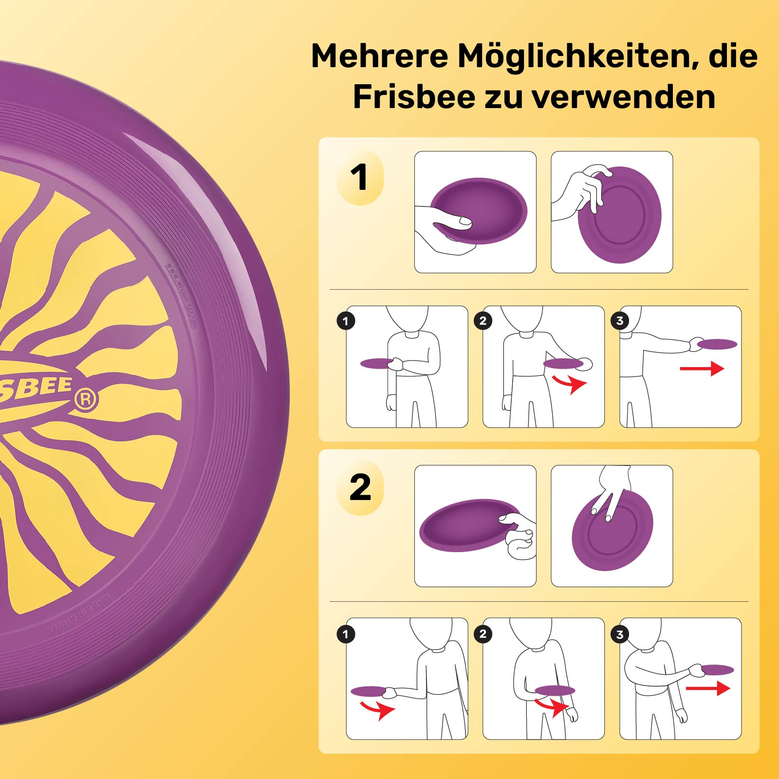 Diagramme für Frisbee-Wurftechniken. Eine lila Frisbee wird gezeigt, wie man sie hält und wirft.