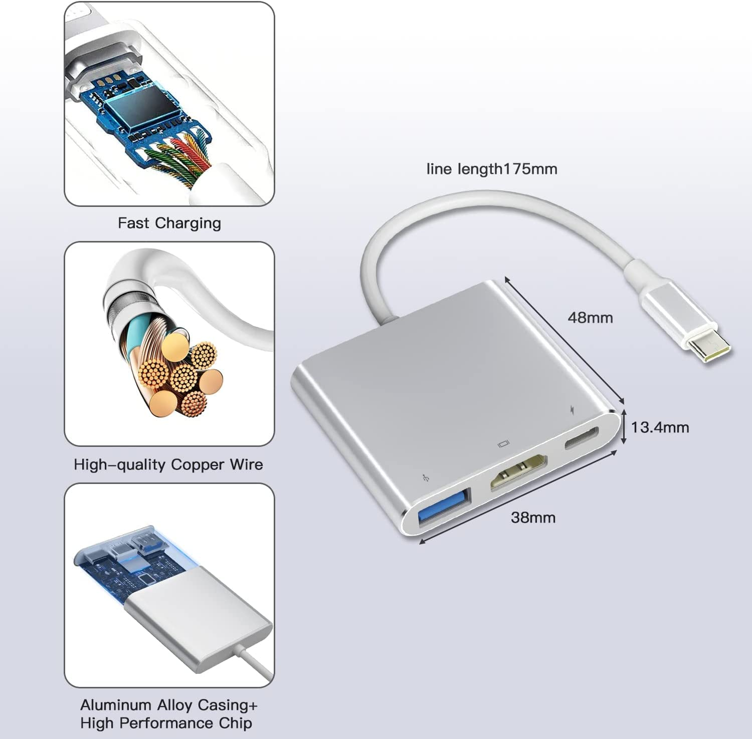 Nahaufnahme eines silbernen Multiport-Adapters. Er ist mit einem Kabel verbunden und zeigt Komponenten.
