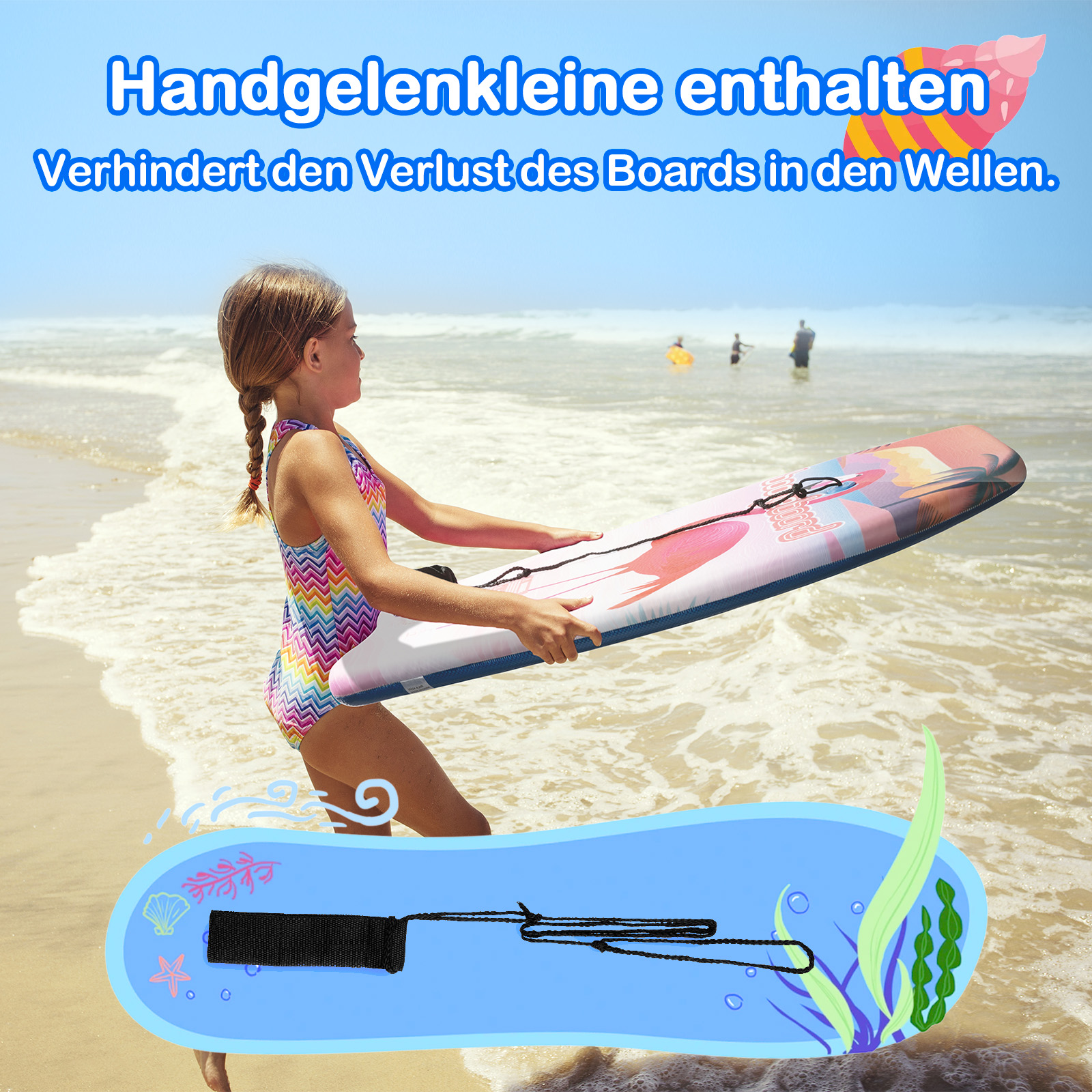Una ragazza con una tavola Boogie Board in acqua. Testo sullo sfondo. Giornata di sole con cielo blu e oceano.