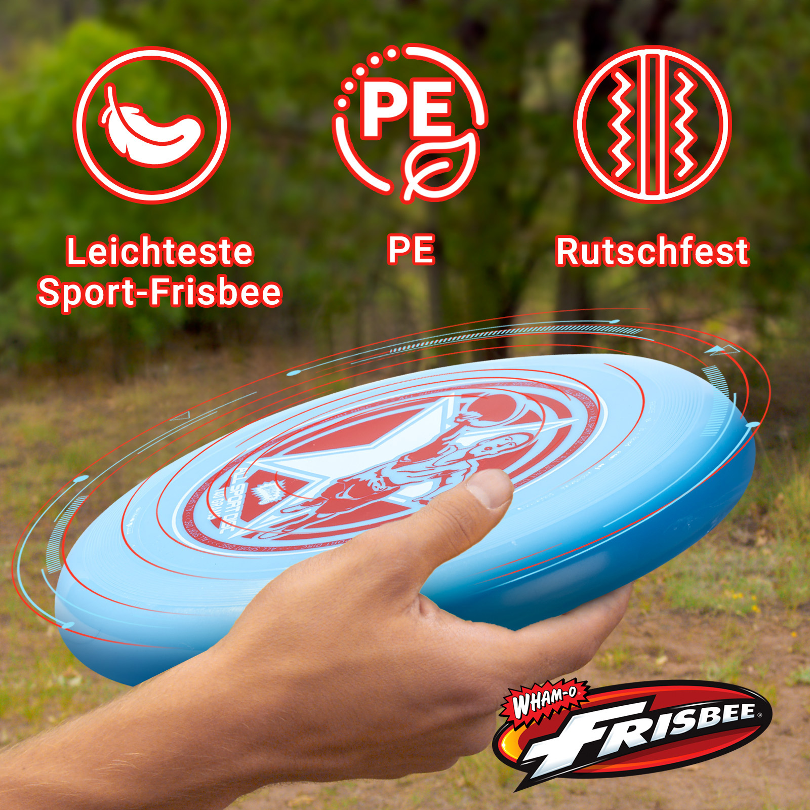 Eine Person hält eine blau-rote Frisbee. Die Frisbee hat einen Stern und ein Logo.