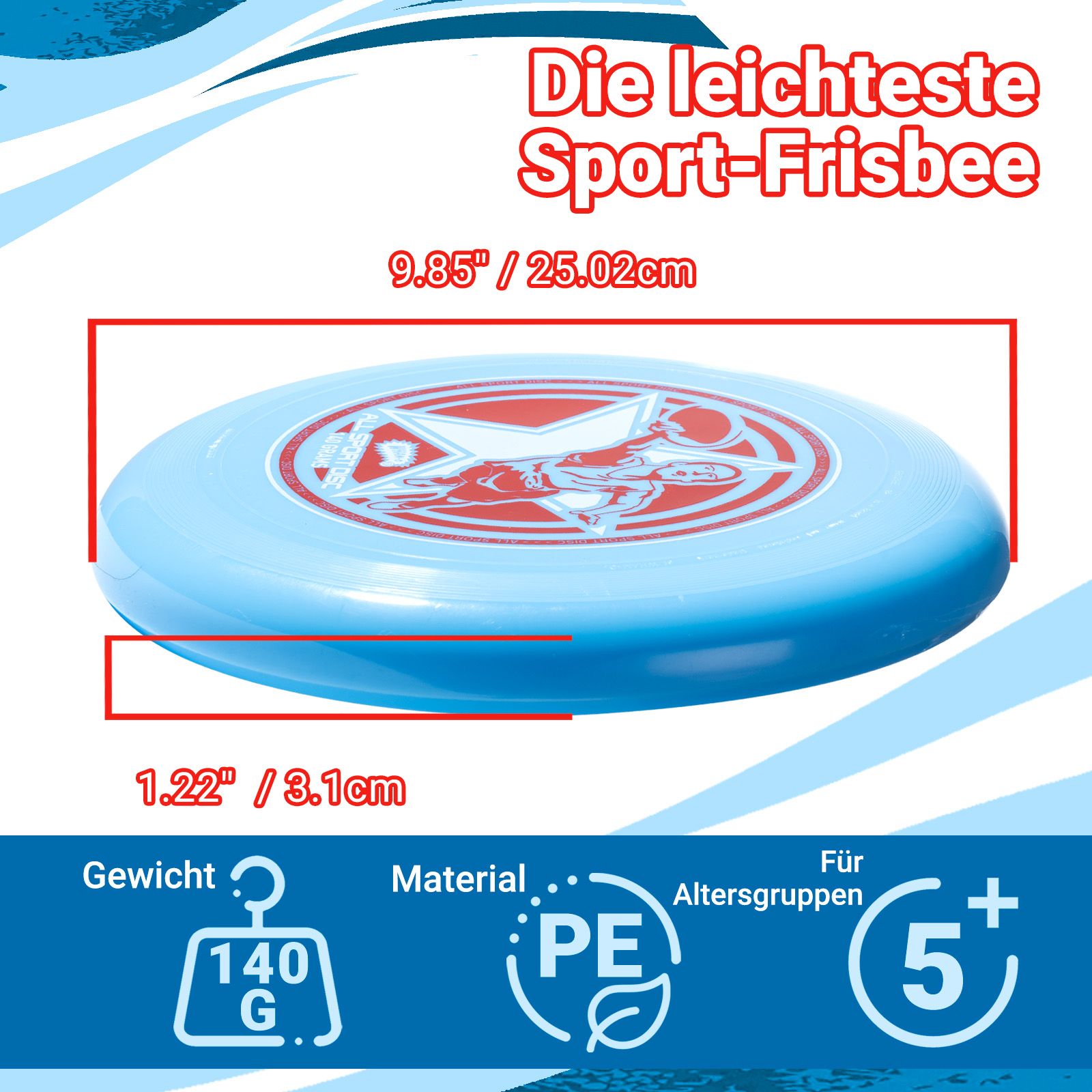 Eine hellblaue Frisbee mit Sterndesign. Messungen werden angezeigt.