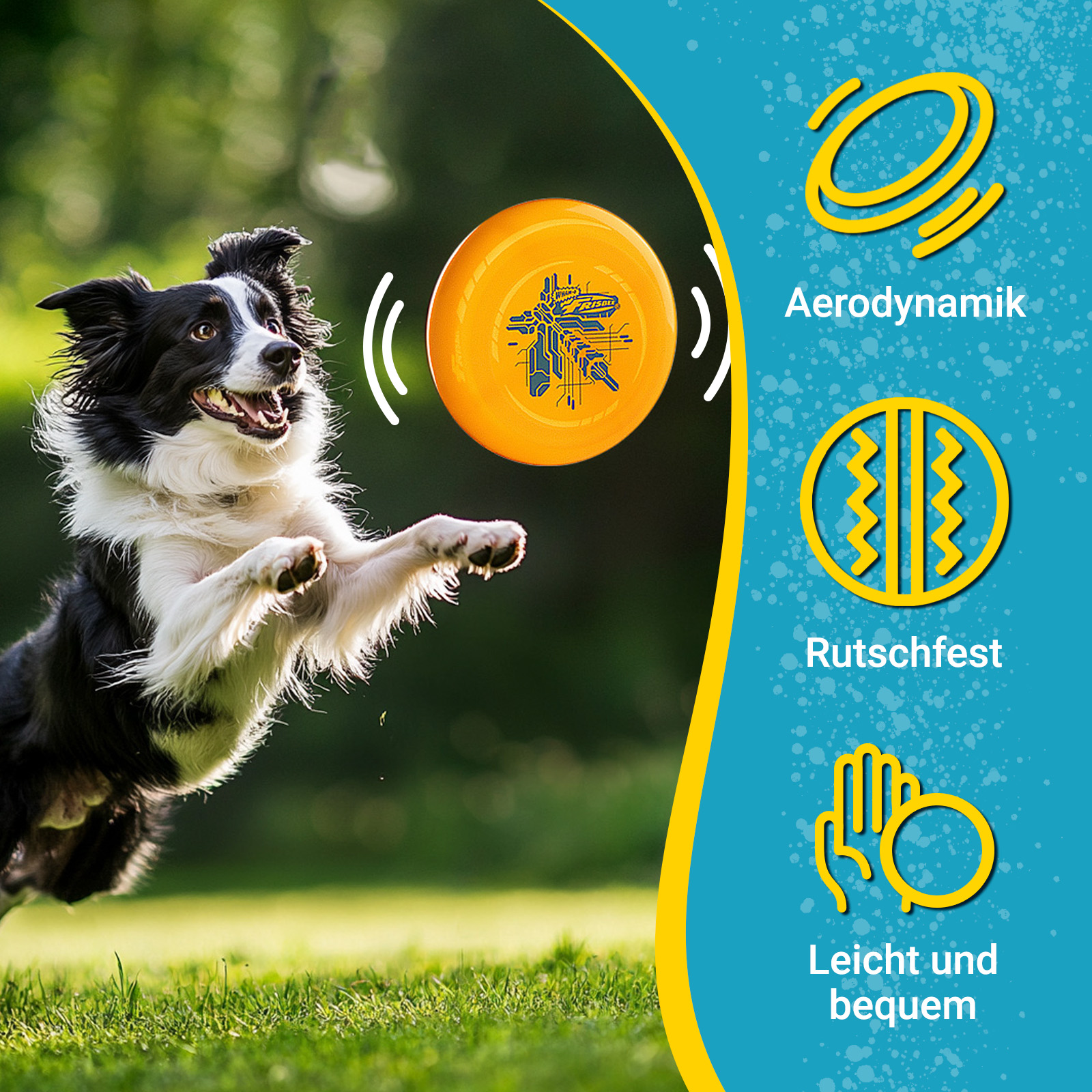 Ein Hund springt nach einer orangefarbenen Frisbeescheibe. Der Hintergrund hat grünes Gras und Bäume.