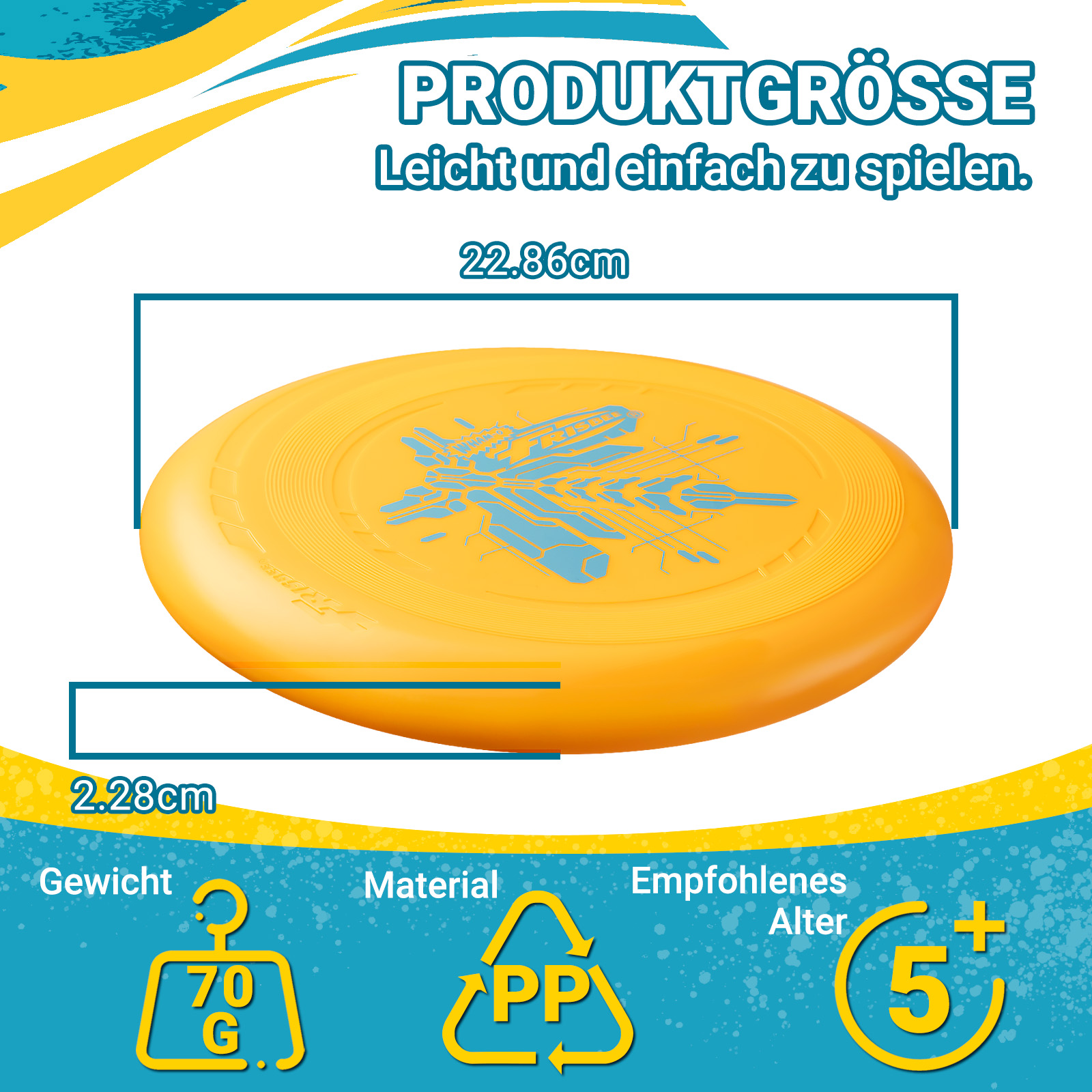 Eine gelbe Frisbeescheibe mit Abmessungen und Eigenschaften.