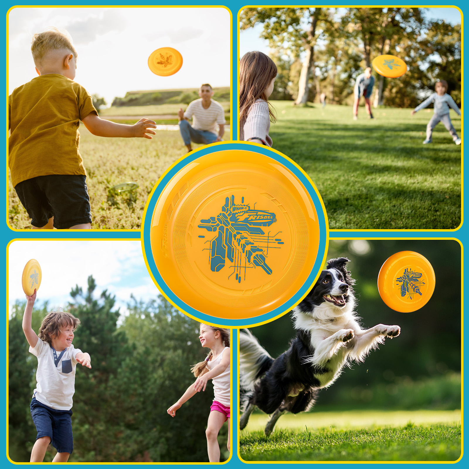 Kinder und ein Hund spielen mit einer Frisbee im Park. Die Frisbee ist gelb.