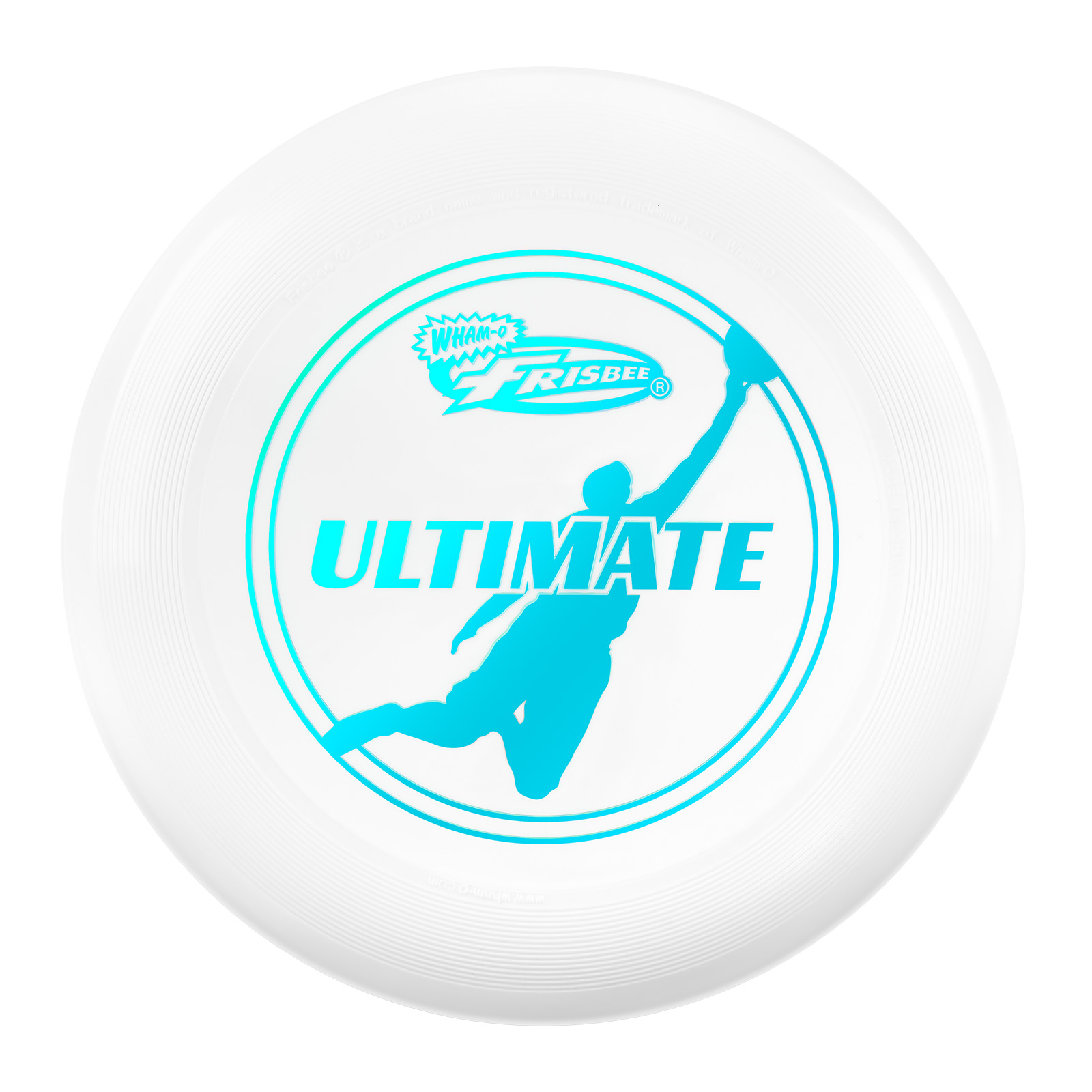 Weiße Frisbee mit blauer Grafik, einschließlich einer Spieler-Silhouette. Der Text 'ULTIMATE' ist prominent.