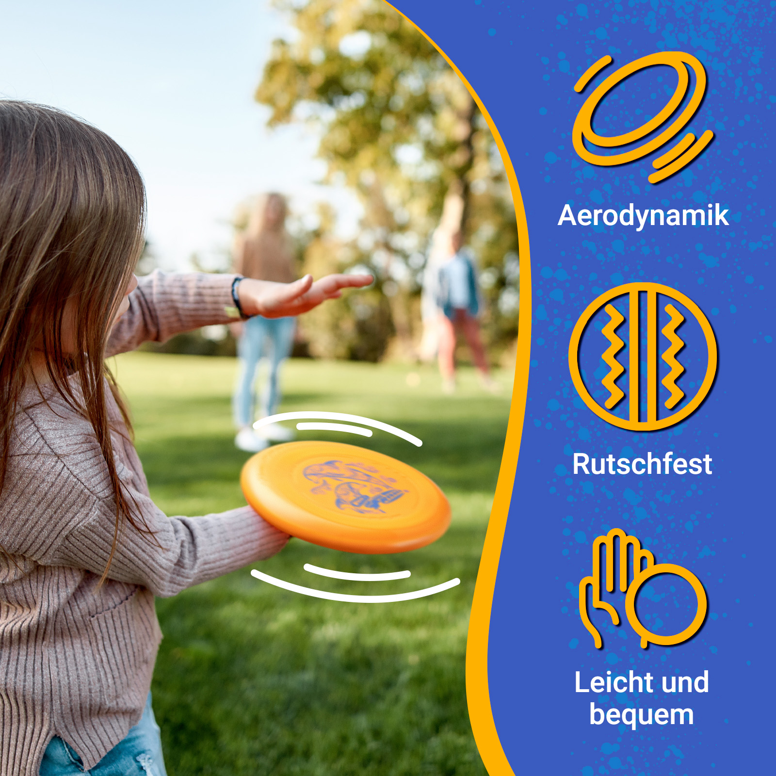 Ein Mädchen wirft eine Frisbee in einem Park. Es gibt drei Symbole neben ihr.