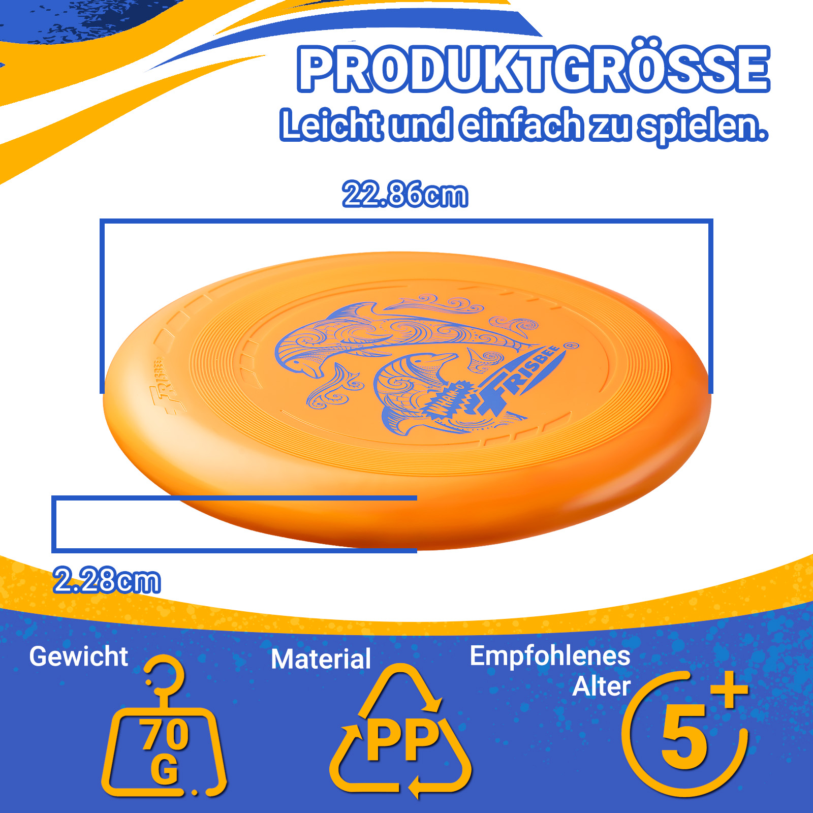 Orange Frisbee mit Abmessungen und Eigenschaften, einschließlich Gewicht, Material und empfohlenem Alter.