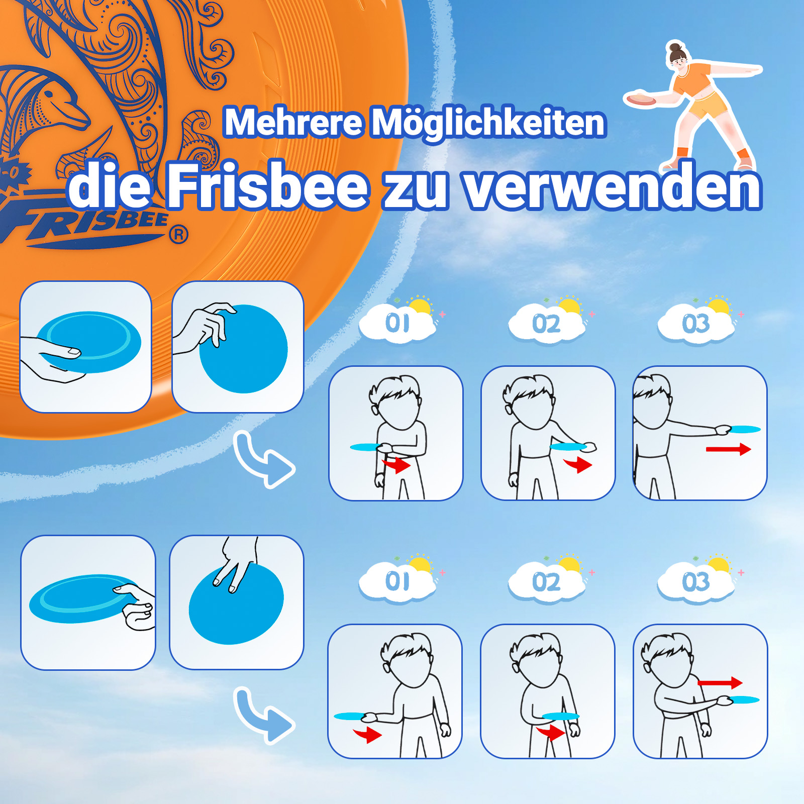 Anweisungen zur Verwendung einer blau-orangenen Frisbee.