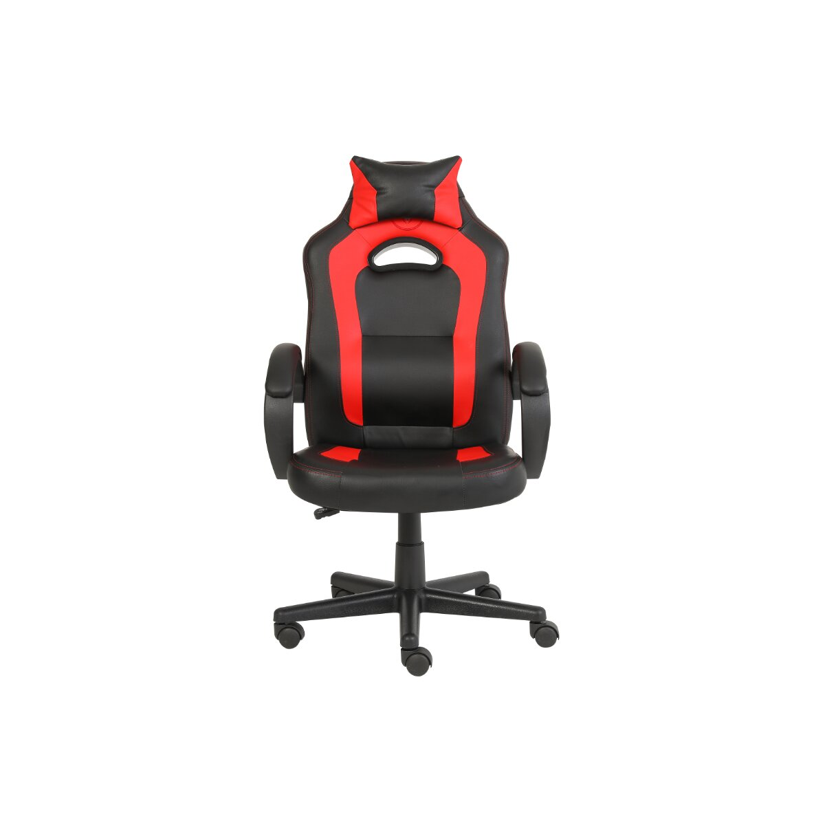 Schwarzer und roter Gaming-Stuhl auf weißem Hintergrund.