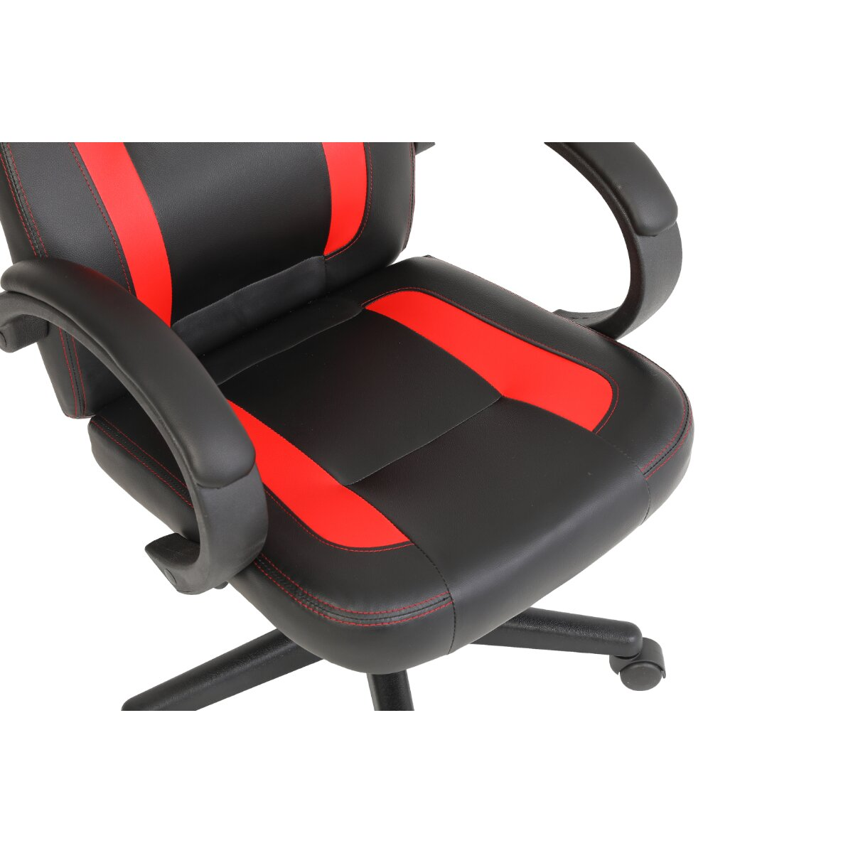 Nahaufnahme eines schwarzen und roten Gaming-Stuhls. Zeigt Sitzfläche und Rückenlehne.