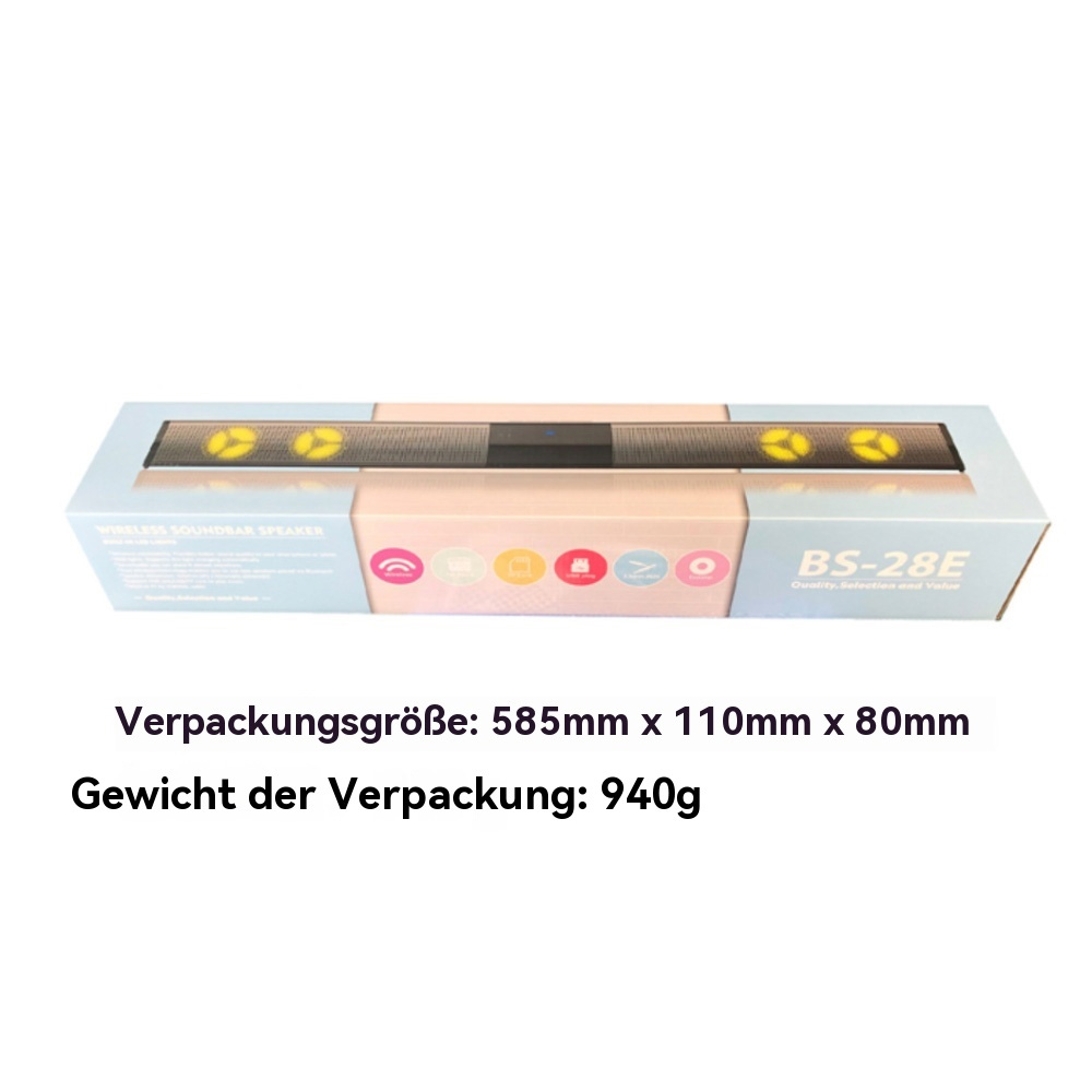 Eine blau-weiße Box mit einer schwarzen Soundbar, mit Text auf Deutsch über die Abmessungen.