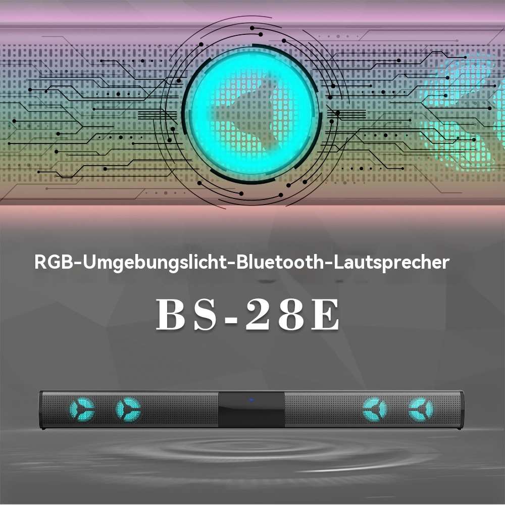 Schwarze Soundbar mit blauen Lichtern, Text oben und Wellenmuster.