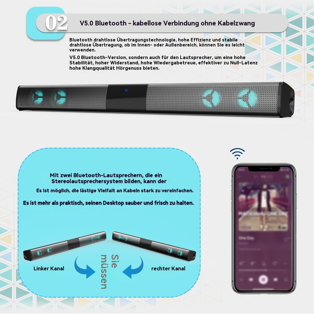 Soundbar mit Diagrammen, einem iPhone und Text.