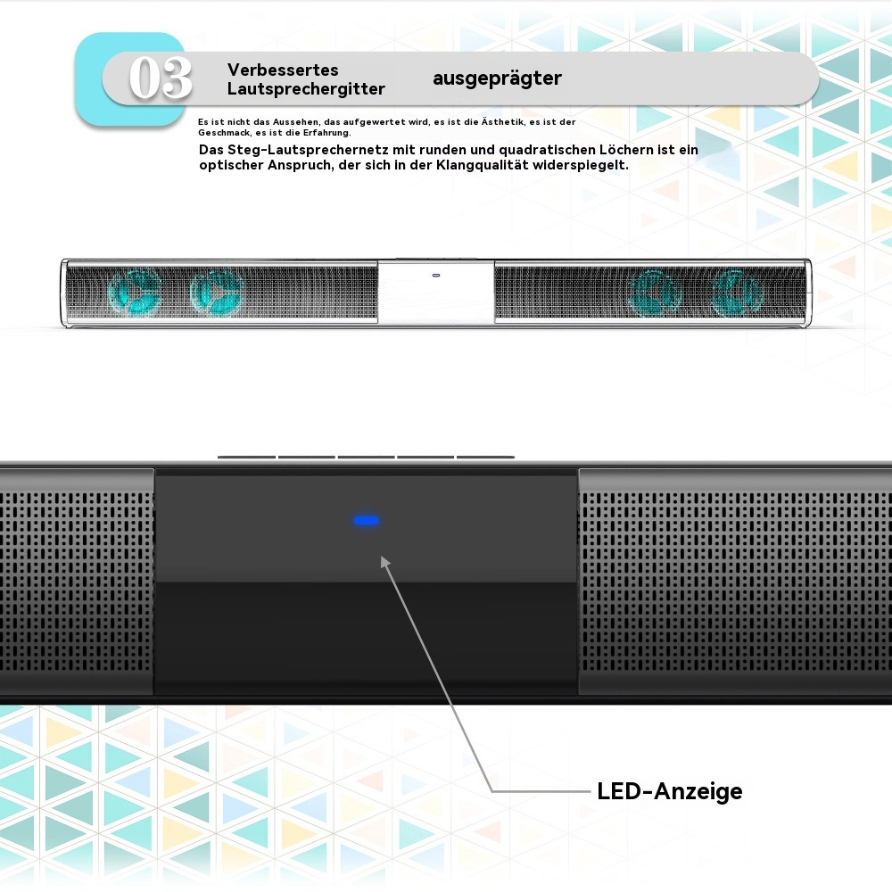 Soundbar-Detail mit Text, Diagrammen und blauen Akzenten.