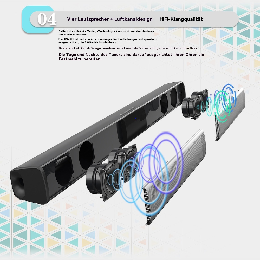 Eine Explosionsansicht einer Soundbar. Sie zeigt interne Komponenten und Visualisierungen von Schallwellen.